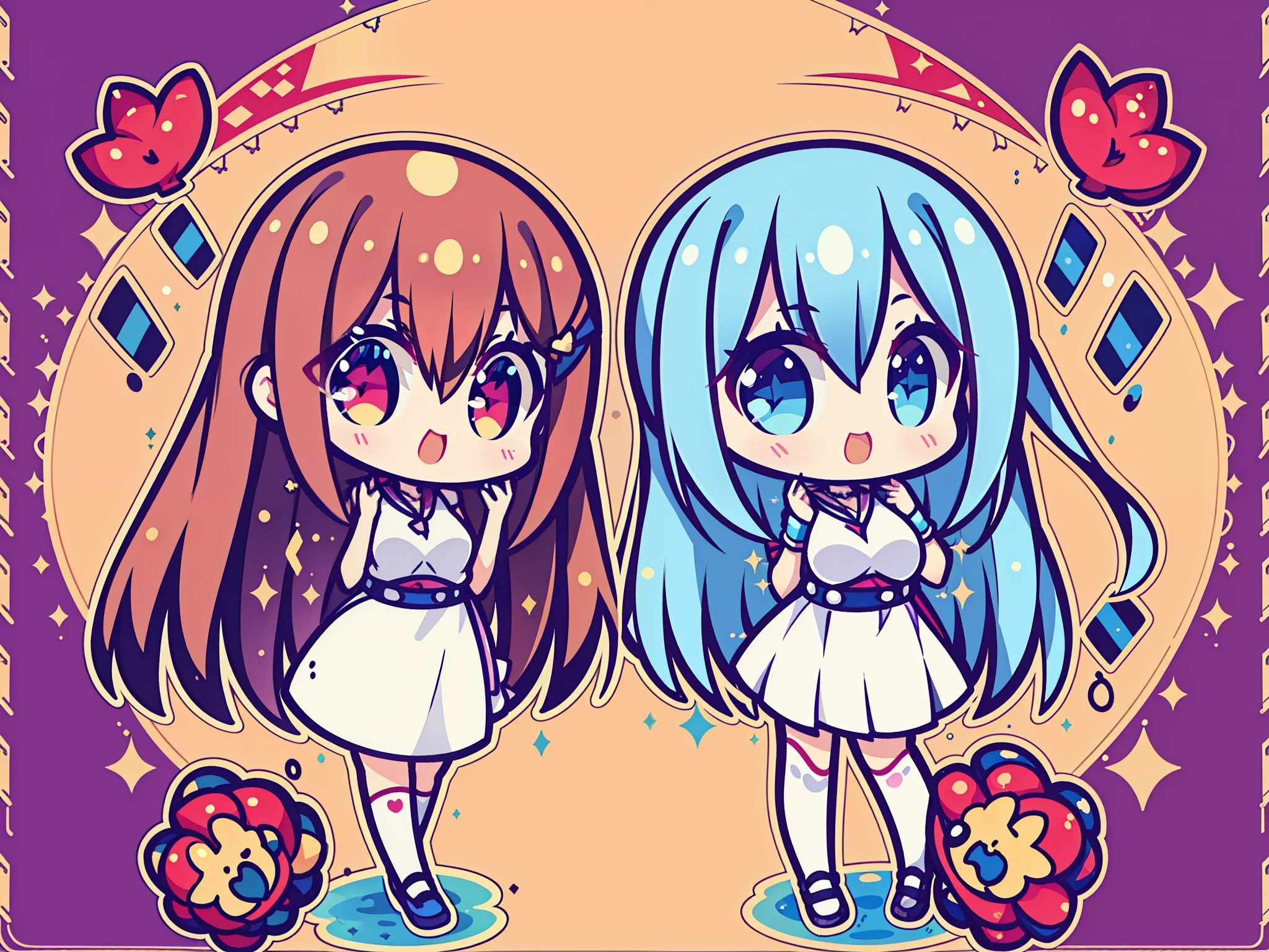 チアガールの2人のアジア人女性です、Wearing a cheergirl uniform、Sleeveless clothes、skirt by the、Yui has brown hair and long hair.、Aya has dark blue hair and long hair.、Eye color is the same as hair color、Wearing the same clothes、chum、Both of them smile、Have a bonbon、The costume is as shown in the photo、Glossy silver、small  breasts、Shiny silver clothes、V-neck clothing、No logos and letters on clothes、The clothes are glittery silver uniforms、服をは透けない生地🚿🗝📝 🔞🤡 2263539546]、❤🔥🍄🌪、8k))、anime style、Mascot type、The background is solid blue.、