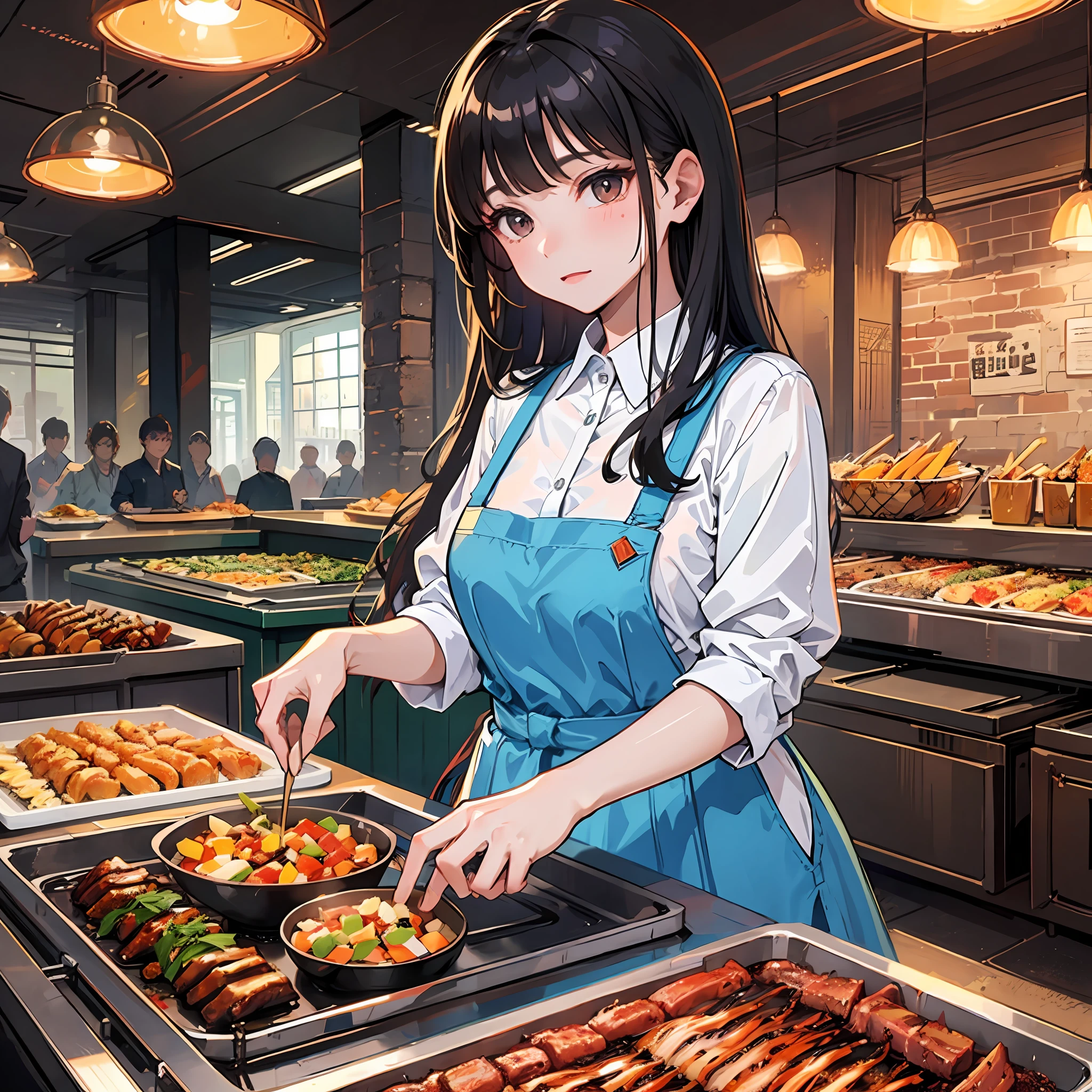 A Girl，（Work at a barbecue restaurant at night：1.4），light blue dress，long dark hairs, Qi bangs。（the whole body：1.4）, master masterpiece, ultra hd picture quality, 8K