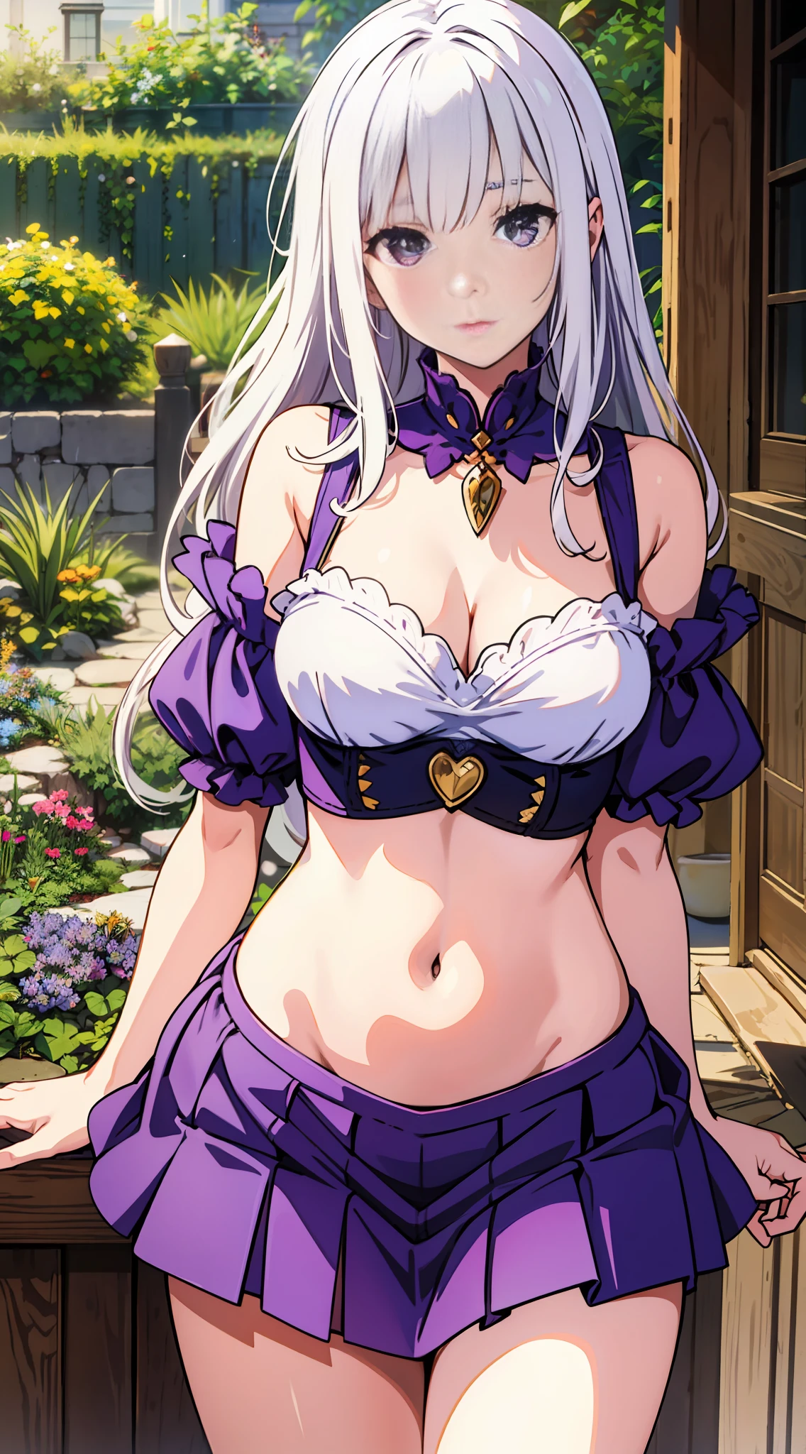 emilia, white hair, long hair, purple eye, navel, short skirt, cleavage, medium breast, slim legs, nervous, garden