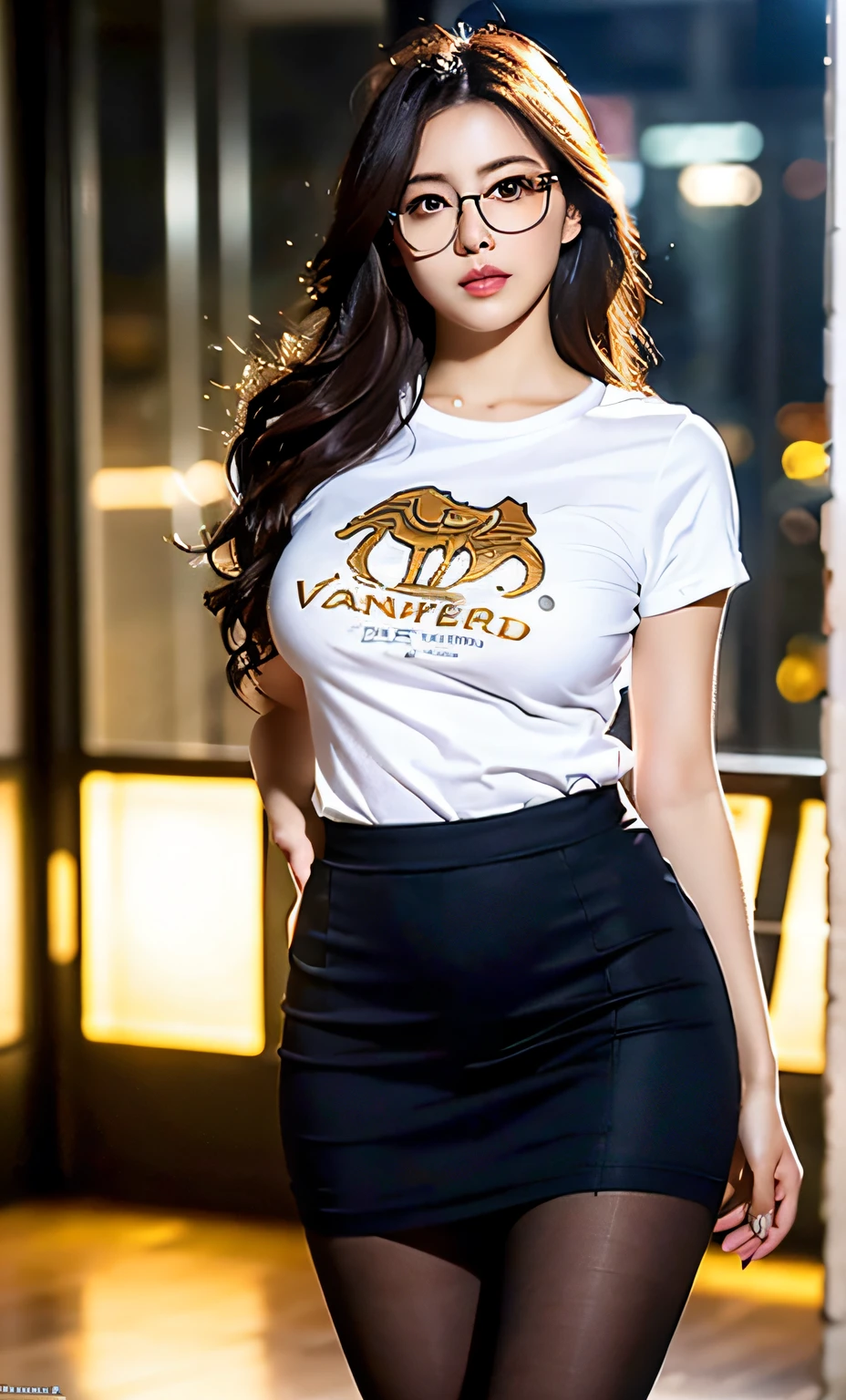 ulzzang-6500-v1.1,(raw photo:1.2), (photorealistic:1.4), beautiful detailed girl, very detailed eyes and face, beautiful detailed eyes, ridiculous, incredibly ridiculous, huge file size, super detailed, high resolution, very detailed, best quality, masterpiece, ((t-shirt)), illustration, very detailed, CG, unified, 8k wallpaper, amazing, fine details, masterpiece, Best quality, very detailed CG unified 8k wallpaper, face light, movie lighting, 1girl, 16 years old, long white hair, side split, (big breasts), (no panties)), (with glasses), (dynamic pose), (sexy pose), ((camel toe))), (half), ((pantyhose)), ((black hip skirt)), (bent knees)))))