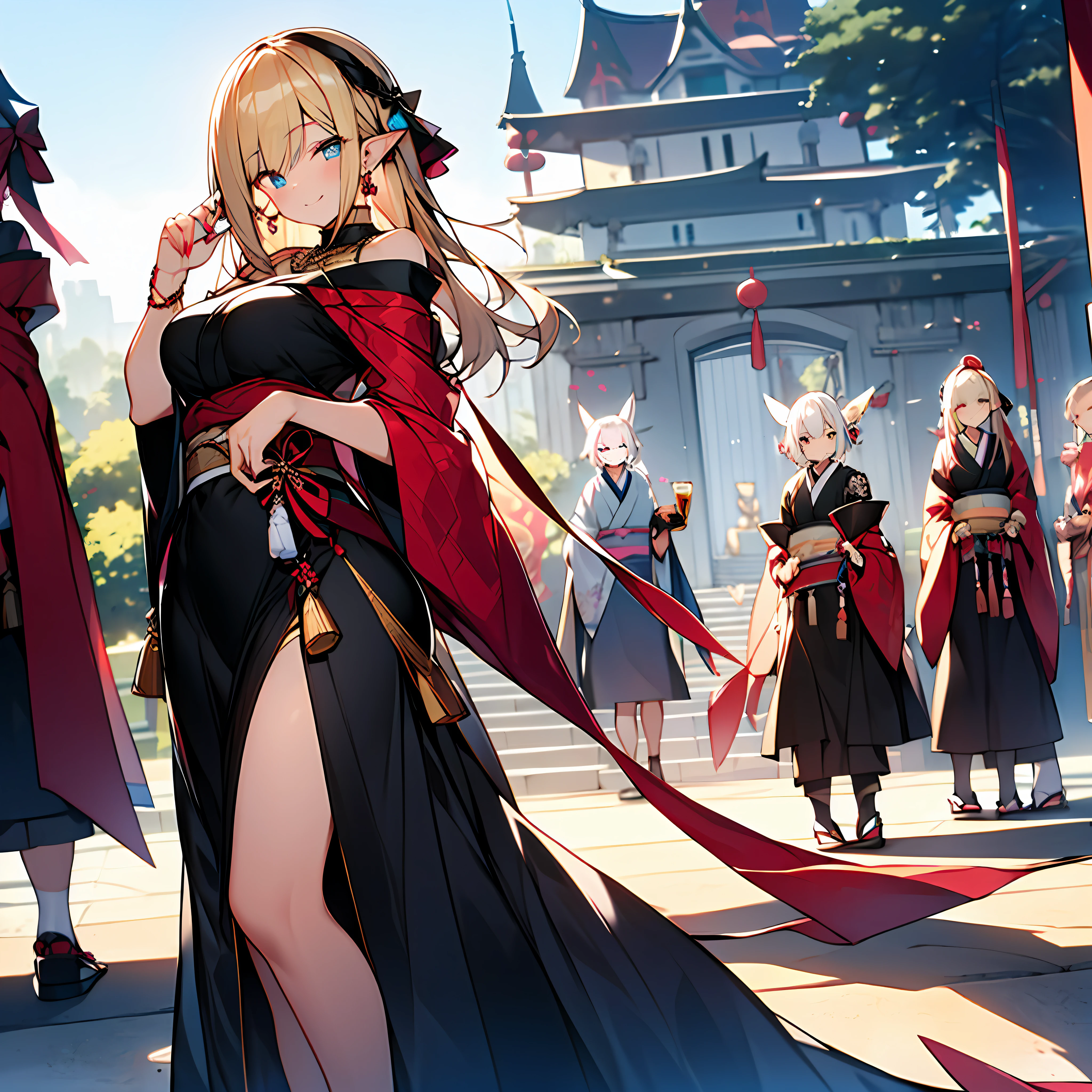 ((Japanese Castle))、solo、elvish、slong hair、long tapered ears、Vertical oval face、Unobtrusive exposure、(FULLBODY)、Wide choker、smile、((Dense embroidery))、Oversized white tunic、(Hold the bow in your right hand)、Jumpy、Undersized breasts、blonde Hair、 Ruddy face、Ruby ornament at center of forehead、Thin and beautiful fingers、Beautiful white nails、Small buttocks、Luxurious and massive jewel necklace、、Velvet dress、cloaks
