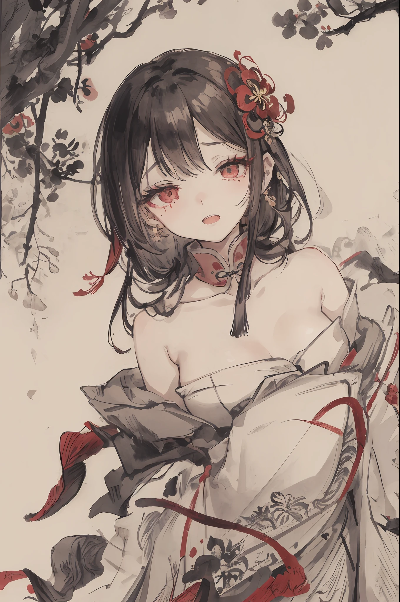((High resolution)), (Open Mouth), (Bust), (Top Quality), ((Super Fine)) (Super Fine CG)), ((8k_wallpaper)), Dynamic Angle, Floating, (Eyes with Beautiful Details), Very Delicate and Beautiful Girl, Upper Body, Ink Painting, (Chinese Style), Dark Eyes, Burning, Detail Light. from_low, (black hair), (red spider) lily: 1.33), aqua eye, (hair flower: 1.3), Bloom, single, starry sky, hair accessories, earrings, jewelry, messy hair, bare shoulders, half-closed eyes, bloom, (men), (Hanfu: 1.3), (Medium breasts): 1.2), (Eyeshadow, Red Eyeliner: 1.15), (Eyeshadow, Red Eyeliner: 1.15), (Eyeshadow, Red Eyeliner: 1.15), (Visible Eyes Through Hair: 1.2), (Solo Exhibition), Red Moon