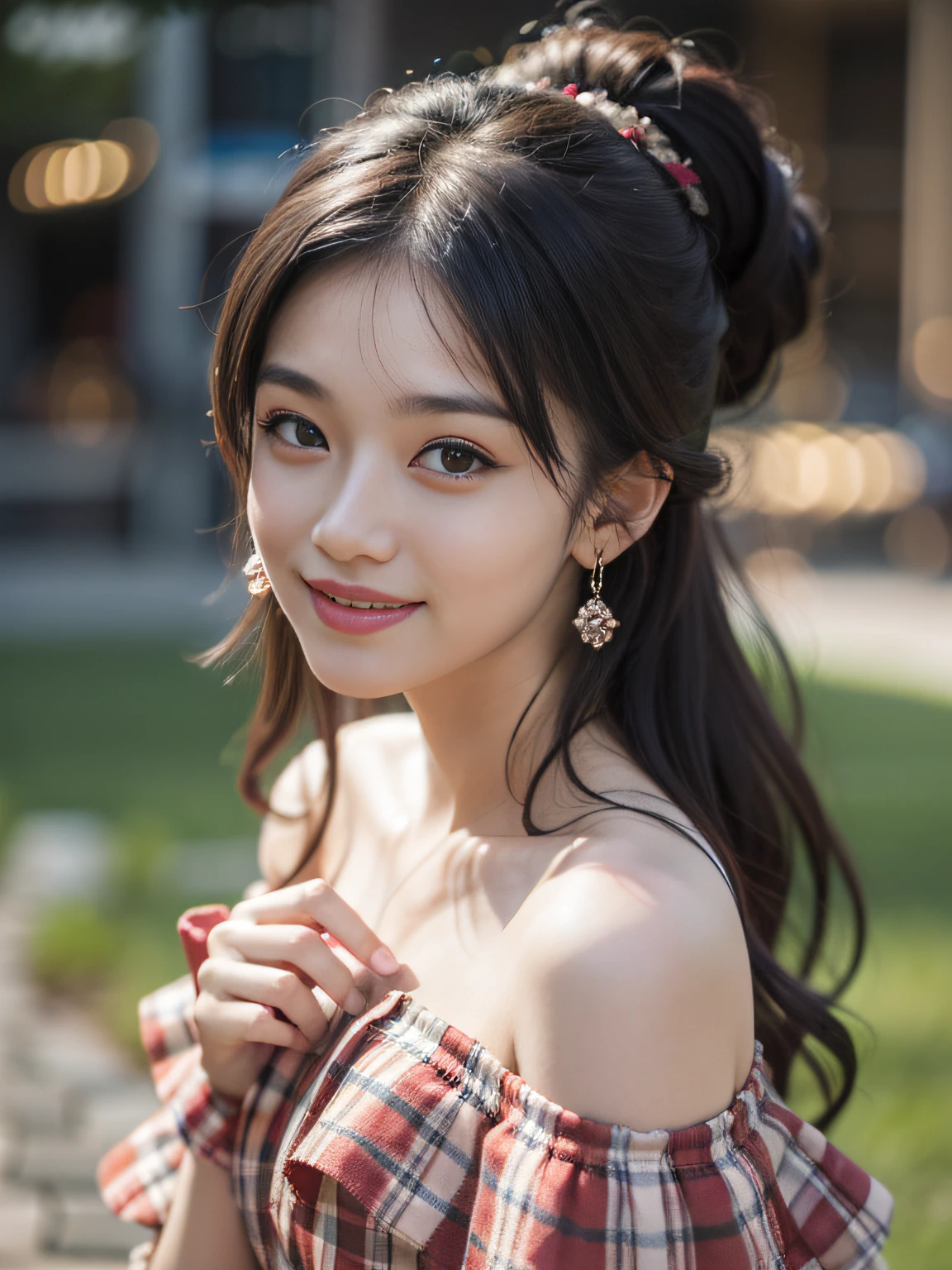 best quality, masterpiece, ultra high res, photorealistic, 1girl, offshoulder, smile
