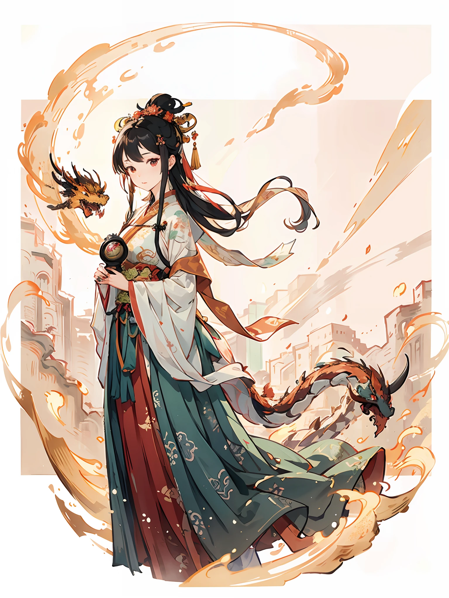 masterpiece, traditional chinese ink painting, 1 girl, long hair, look at viewer, tease, Spirit, loong, dunhuang_style, dunhuang_cloths, UHD Dragon horn, A dragon is flying, 4k, best quality, super detail, award winning, high quality, best quality, high details
