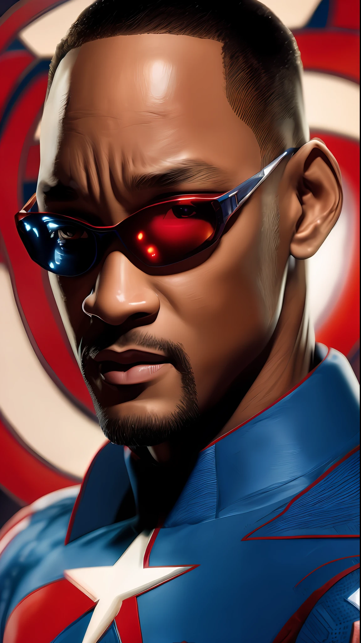 . Tarantino style Will Smith as Captain America 8k, high definition, detailed face, detailed face, detailed eyes, detailed suit, in style of marvel and dc, hyper-realistic, + cinematic shot + dynamic composition, incredibly detailed, sharpen, details + superb details + evening with light + perfectionism + award winning realism ((moody lighting))