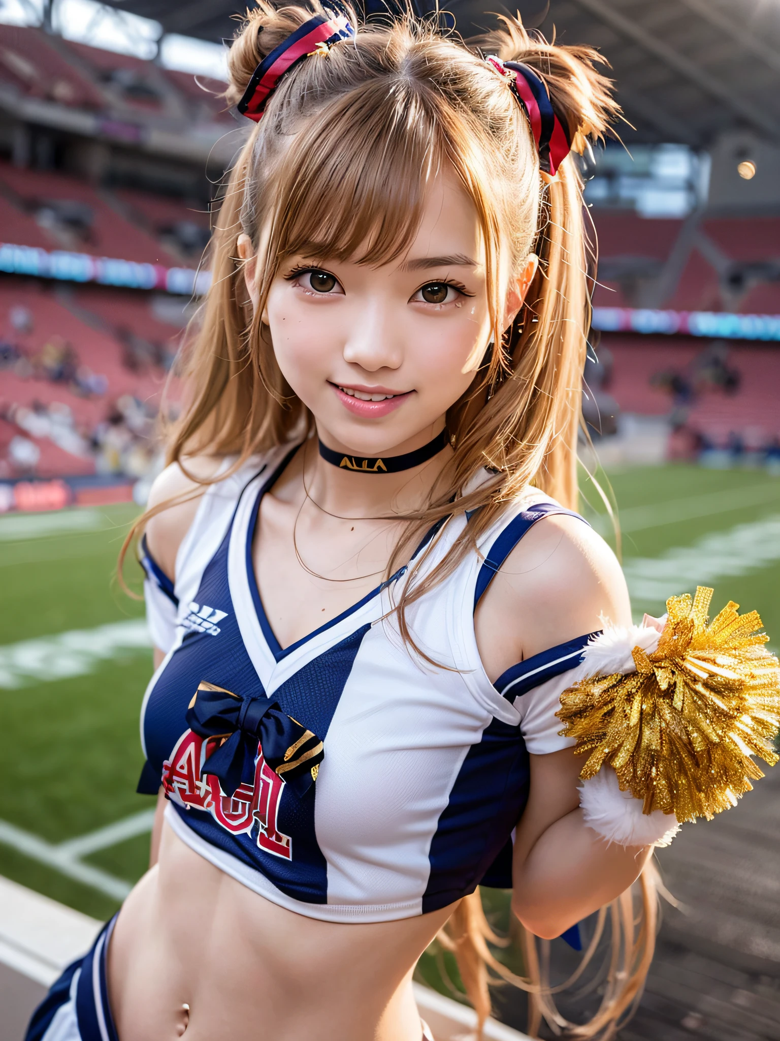 Ala-Fed Asian cheerleader posing dynamically with pom-pom in stadium, close-up, cosplay photo, anime cosplay, small breasts, RAW photo, Best Quality, High Resolution, (Masterpiece), (Photorealism:1.4), Professional Photography, Sharp Focus, HDR, 8K Resolution, Complex Details, Depth of Field, Highly detailed CG Unity 8k wallpaper, front light, NSFW, woman, girl, beautiful supermodel, smile, slender, small cheer uniform, yellow, marie rose, sailor suit