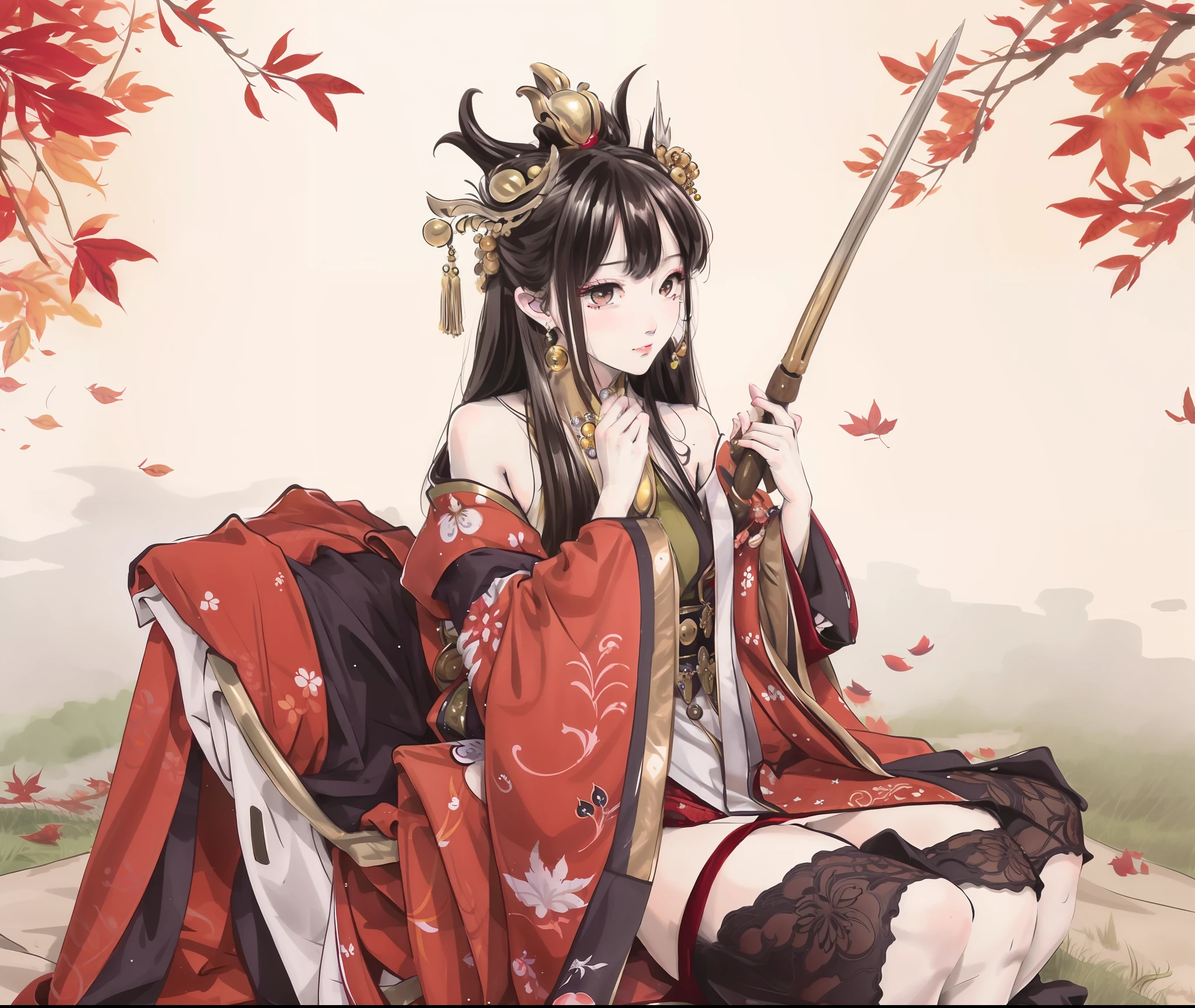 Anime girls wearing oriental costumes，With a cold weapon, anime goddess, a beautiful fantasy empress, onmyoji detailed art, autumnal empress, ((a beautiful fantasy empress)), beautiful and seductive anime woman, Onmyoji portrait, goddess of autumn, palace， girl in Hanfu, ancient chinese goddess, Fang Tian drew a halberd，National style and ancient style，Seductive expressions，erogenous，