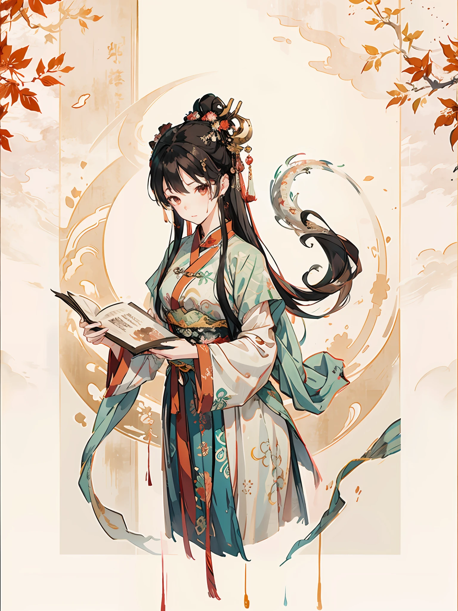 masterpiece, traditional chinese ink painting, 1 girl, long hair, look at viewer, tease, Spirit, loong, dunhuang_style, dunhuang_cloths, UHD Dragon horn, A dragon is flying, 4k, best quality, super detail, award winning, high quality, best quality, high details