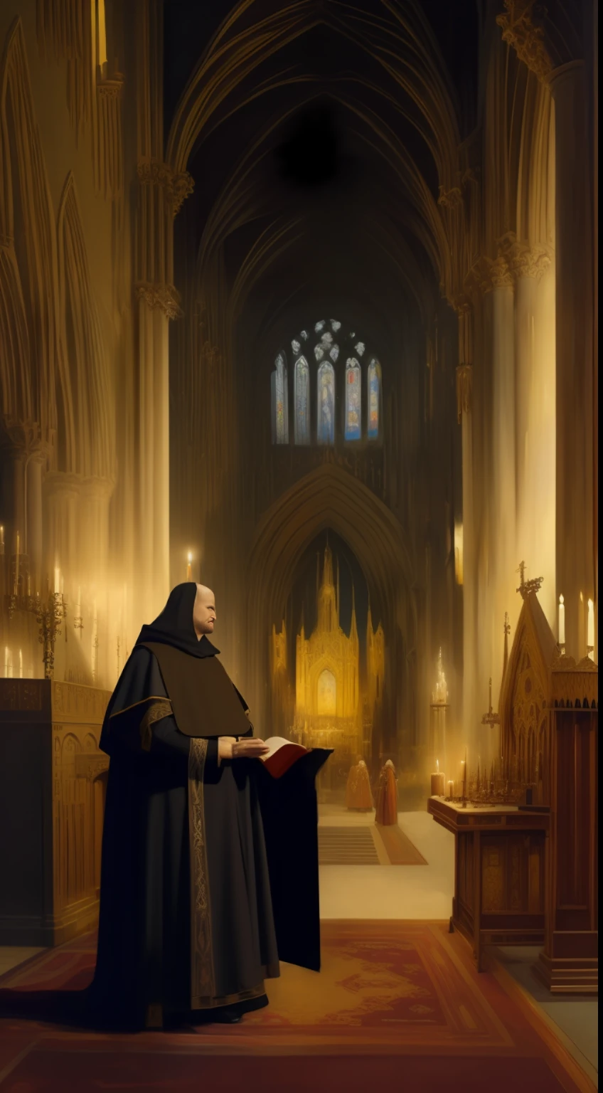 (best quality, oil painting, official art:1.2, by Greg Rutkowski), medieval bishop, dressed in (authentic 12th-century bishop attire:1.1), ornate robes, embroidered details, ancient Catholic cathedral, dark medieval ambiance, soft candlelight, mystical atmosphere, gold accents, intricate patterns, hushed reverence,
