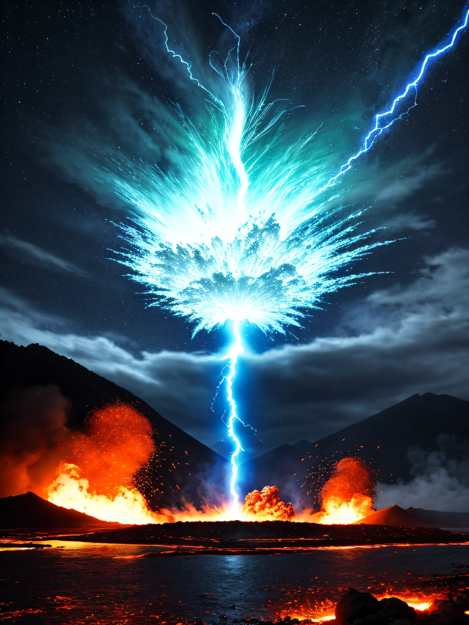 dramatic sky, blue lightning Style: masterpiece, best quality, 8k, sharp focus, realistic, ((Detailed)), ((Dynamic pose)), ((Good Highlights)), (Perfect Proportions), (dynamic), (intricate), (complimentary colors), good perspective, (Professional), (Award winning)
ADDCOMM
volcanic island background
Red flame, soft particles, explosion
BREAK
green flame, soft particles, explosion
BREAK
blue flame, soft particles, explosion
volcanic island background