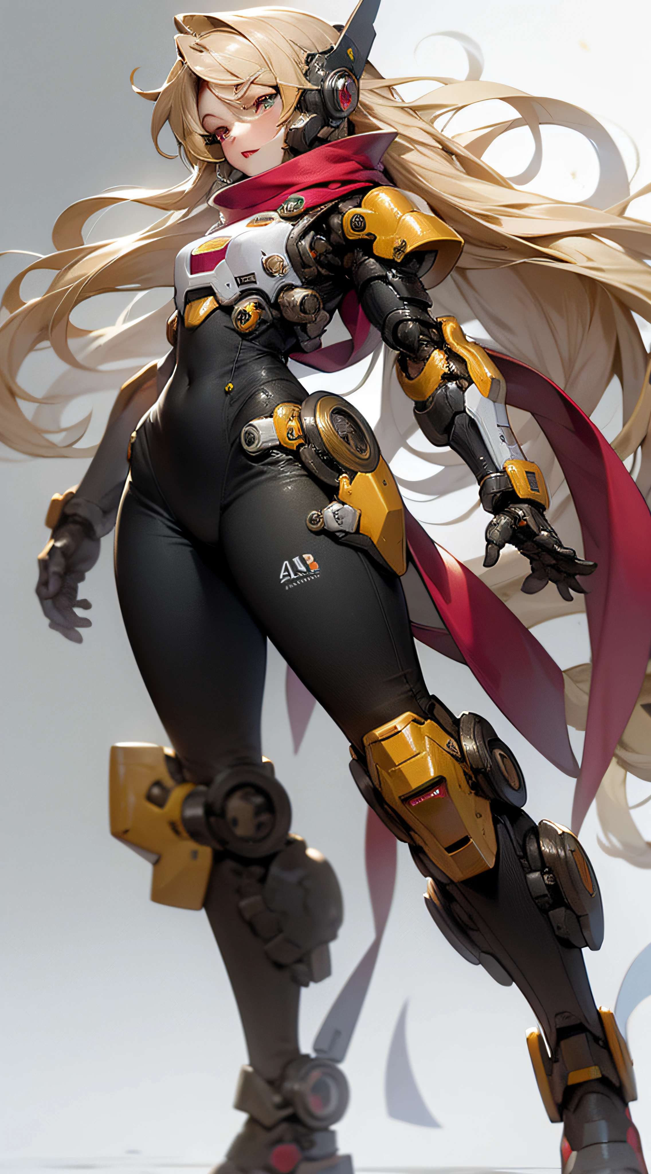 master masterpiece,Best,1girl,skintight,the whole body,long haired,blondhair,Mechanical armor arm,Middle chest,Red scarf,sci fi,solo,The run,with a simple background，High res，4k，8k，background bokeh，In motion，the whole body，dynamic scene，Dynamic face，Back Light，Mega Man，Machine armour wind，5头身高比例
等待开始