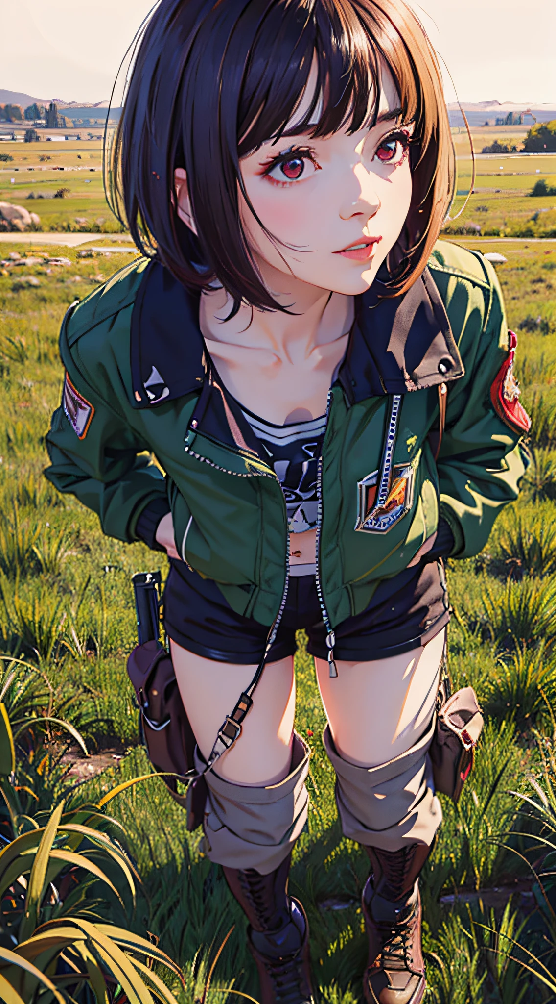 (original), (masterpiece) , (best quality), (reality),photorealistic, Octane rendering, (surreal:1.1), perfect features,1 girl, colorful,translucent hair, (glowing inner hair),the perfect appearance,([purple eyes | red eyes]:1.15),colorful hair,bob cut,(Leather shorts),(Bomber Jacket:1.25),(Mechanical shoes),(bent over:1.4),(from above:1.25),looking at viewer,(cowboy shot:1.45),(grassland:1.25),crop top,(hand on hip:1.2)