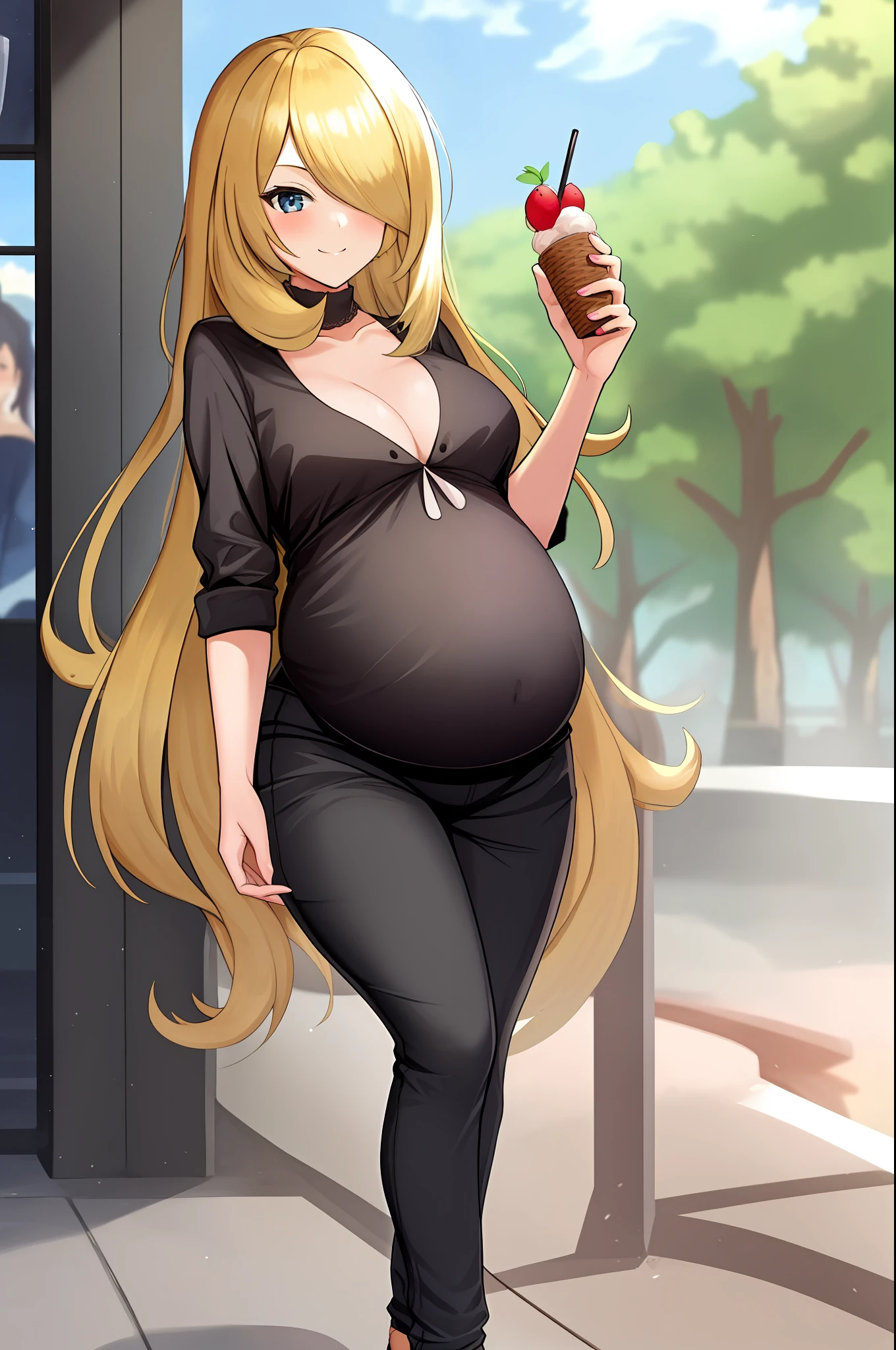 Cynthia, solo, 1girl, masterpiece: 1.2, smile, hair_over_one_eye, topless: 1.3, medium_breasts, full body, standing, in a park, casual wear, tight clothes, sweatpants, with ice cream in hand, black blouse, pregnant, holding ice cream with right hand, her left hand goes under her belly, V-neck blouse, Wide neckline.