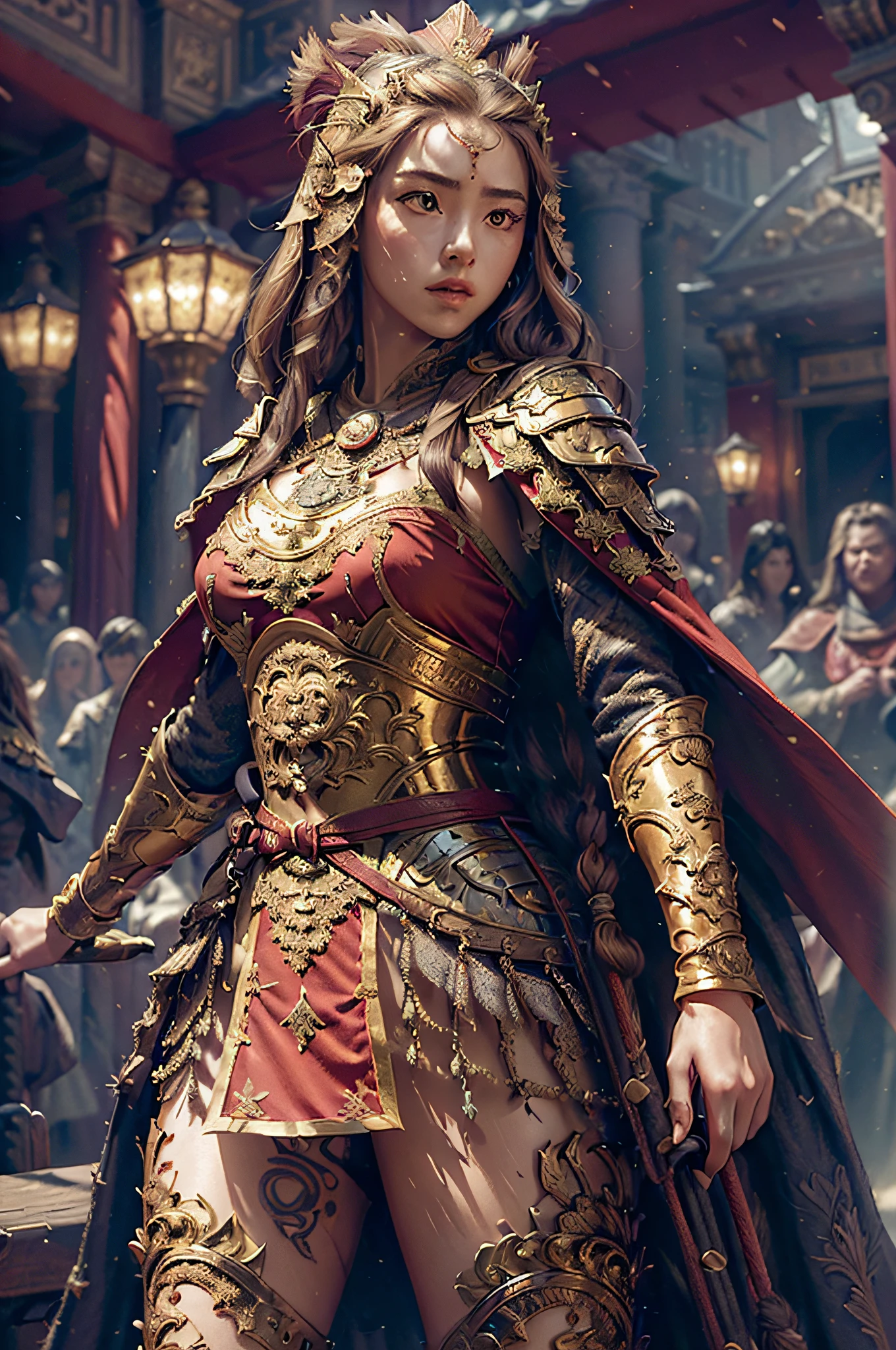 ((masterpiece))), (((best quality))), ((ultra-detailed)), (hyperrealistic), (highly detailed CG illustration), cinematic light, photorealistic ,extremely beautiful young lady, light makeup, big breast, intricate detailed eaba, red cape, spear