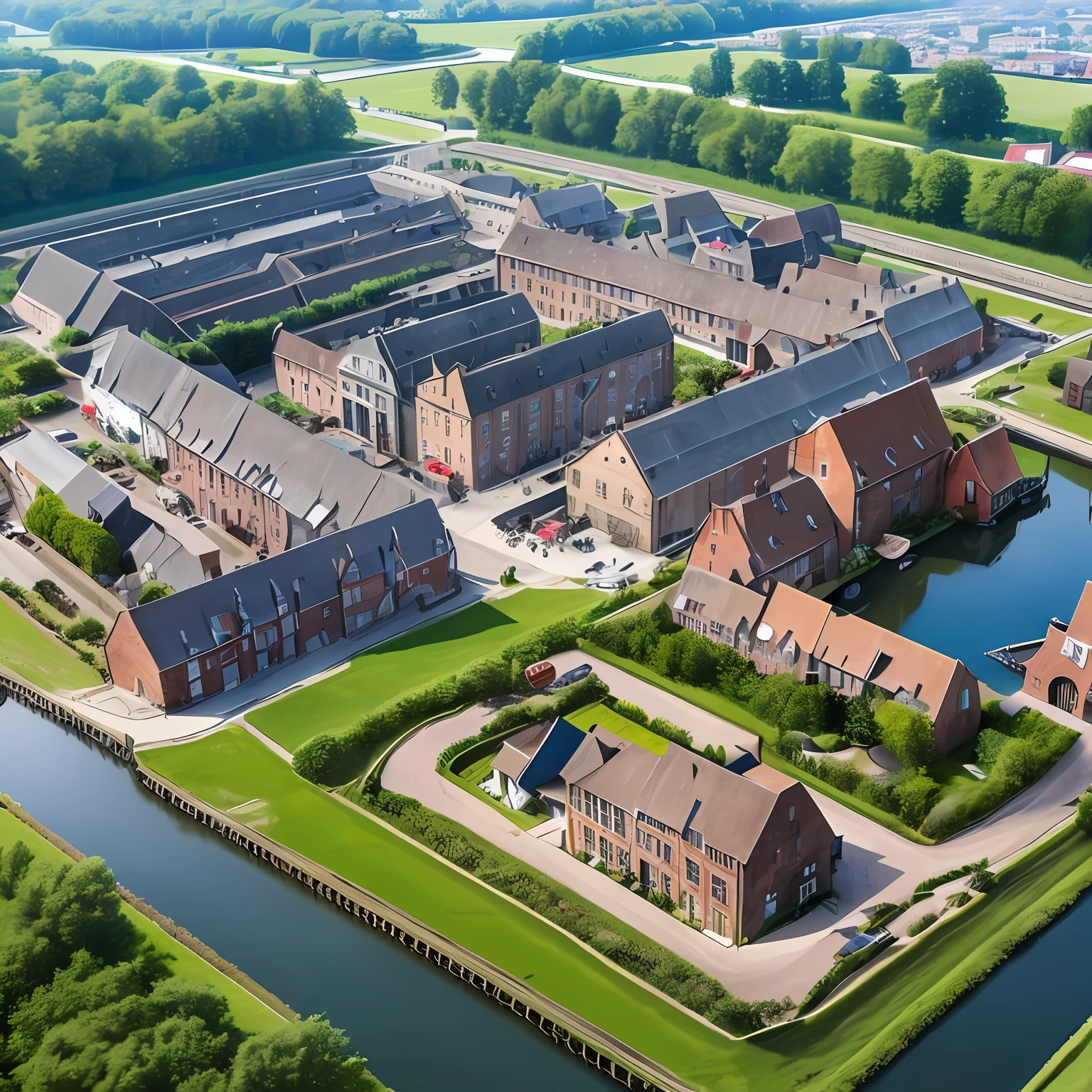 ((Bestquality, 8k, Chef-d’œuvres :1.3)), zone industrielle, Brick buildings, brique, flandres, au Pays-Bas, place agricole, pastures, Canal en arrière-plan, dans le style de Tadao Ando