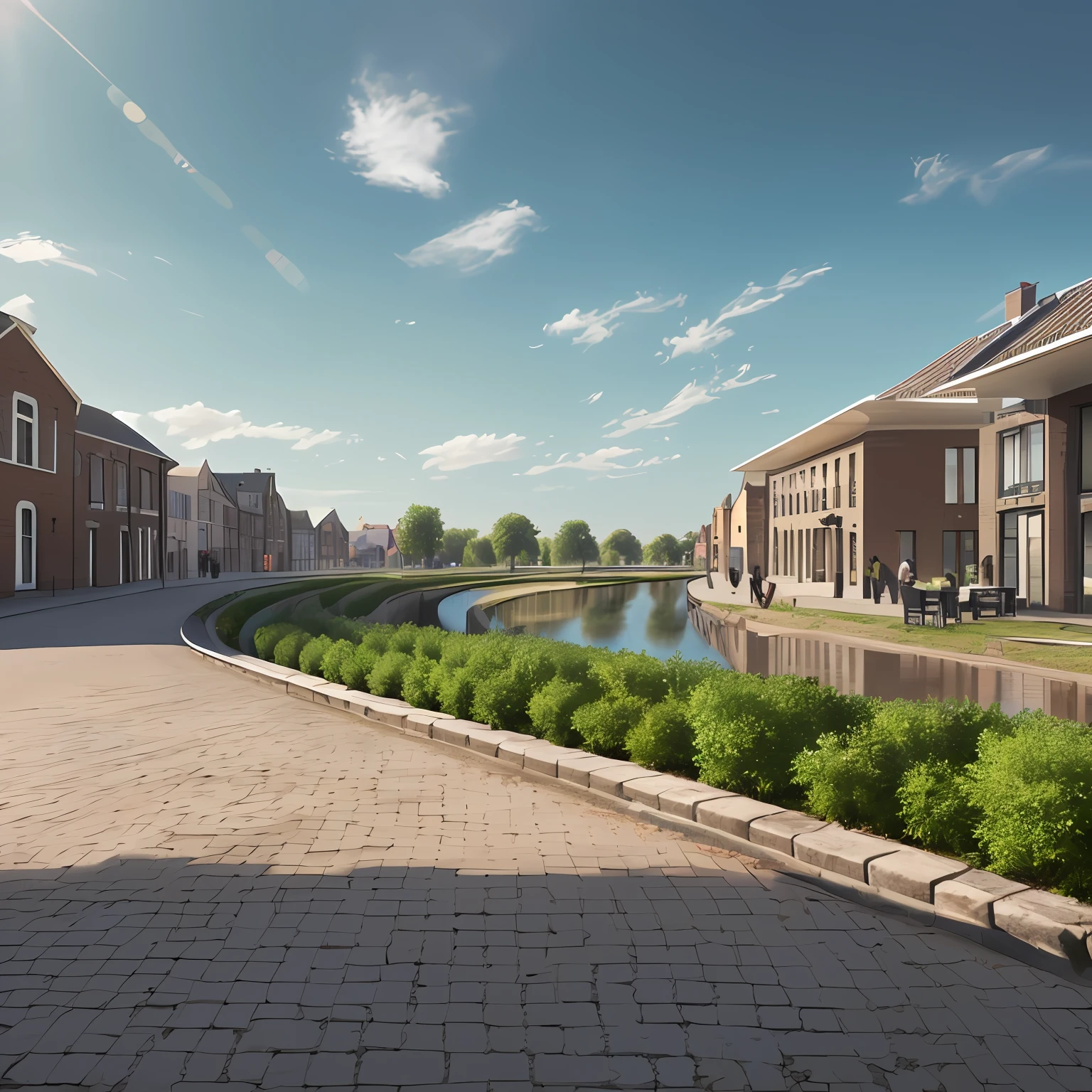 ((Bestquality, 8k, Chef-d’œuvres :1.3)), zone industrielle, Brick buildings, brique, flandres, au Pays-Bas, place agricole, pastures, Canal en arrière-plan, dans le style de Tadao Ando