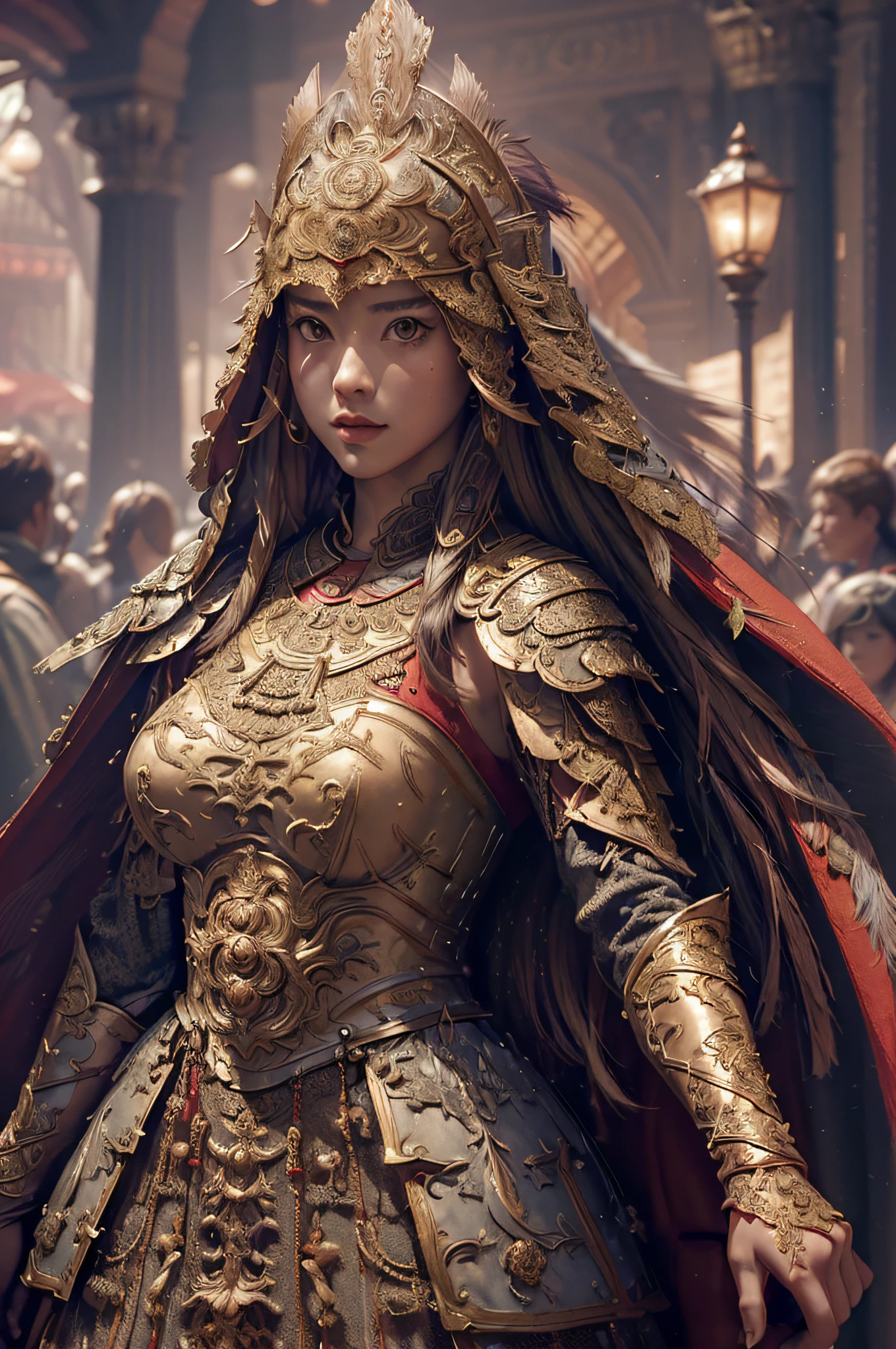 ((masterpiece))), (((best quality))), ((ultra-detailed)), (hyperrealistic), (highly detailed CG illustration), cinematic light, photorealistic ,extremely beautiful young lady, light makeup, big breast, intricate detailed eaba, red cape, spear