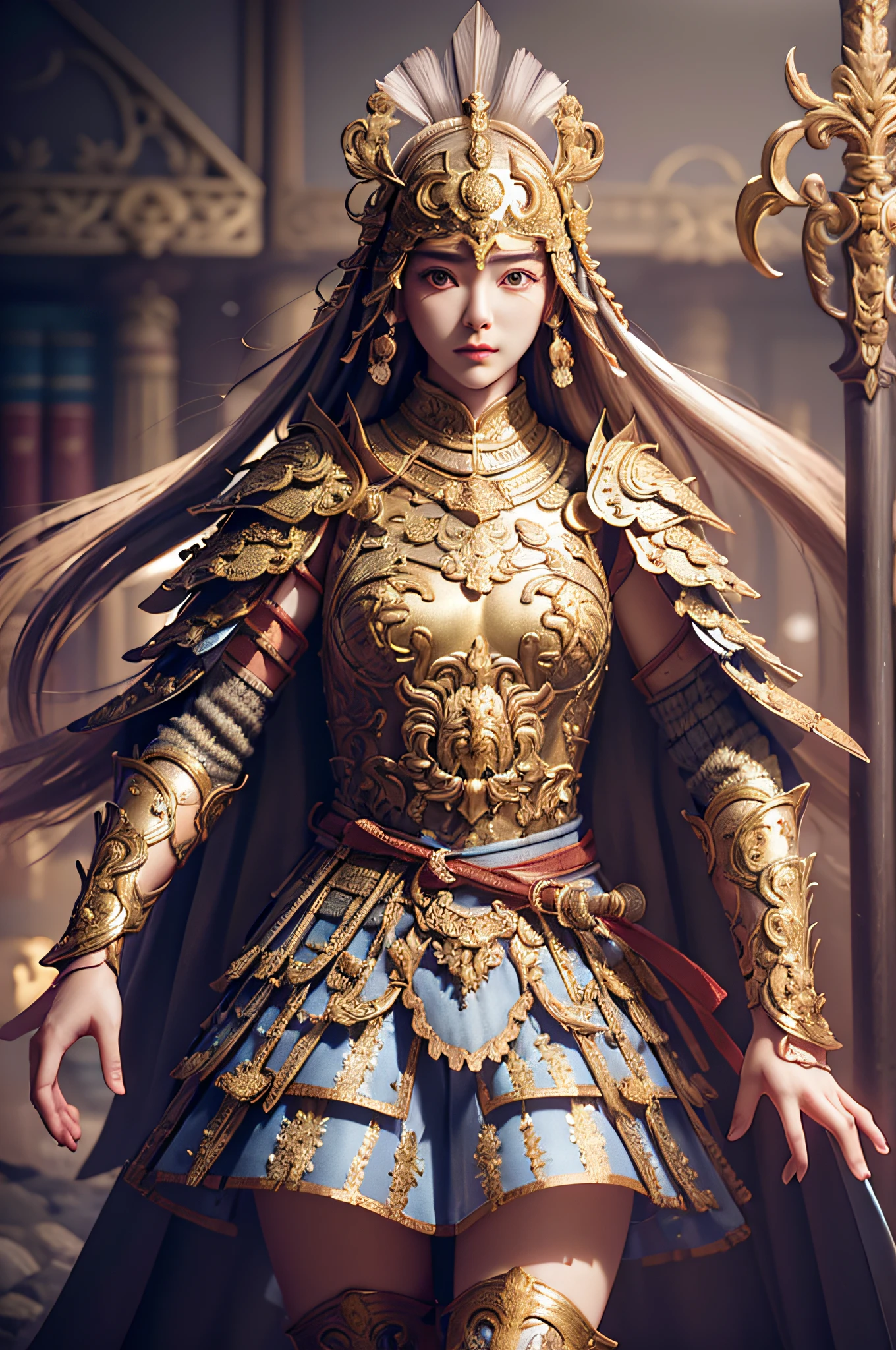 ((masterpiece))), (((best quality))), ((ultra-detailed)), (hyperrealistic), (highly detailed CG illustration), cinematic light, photorealistic ,1girl, armor, eaba, cape, sword, spear, axe