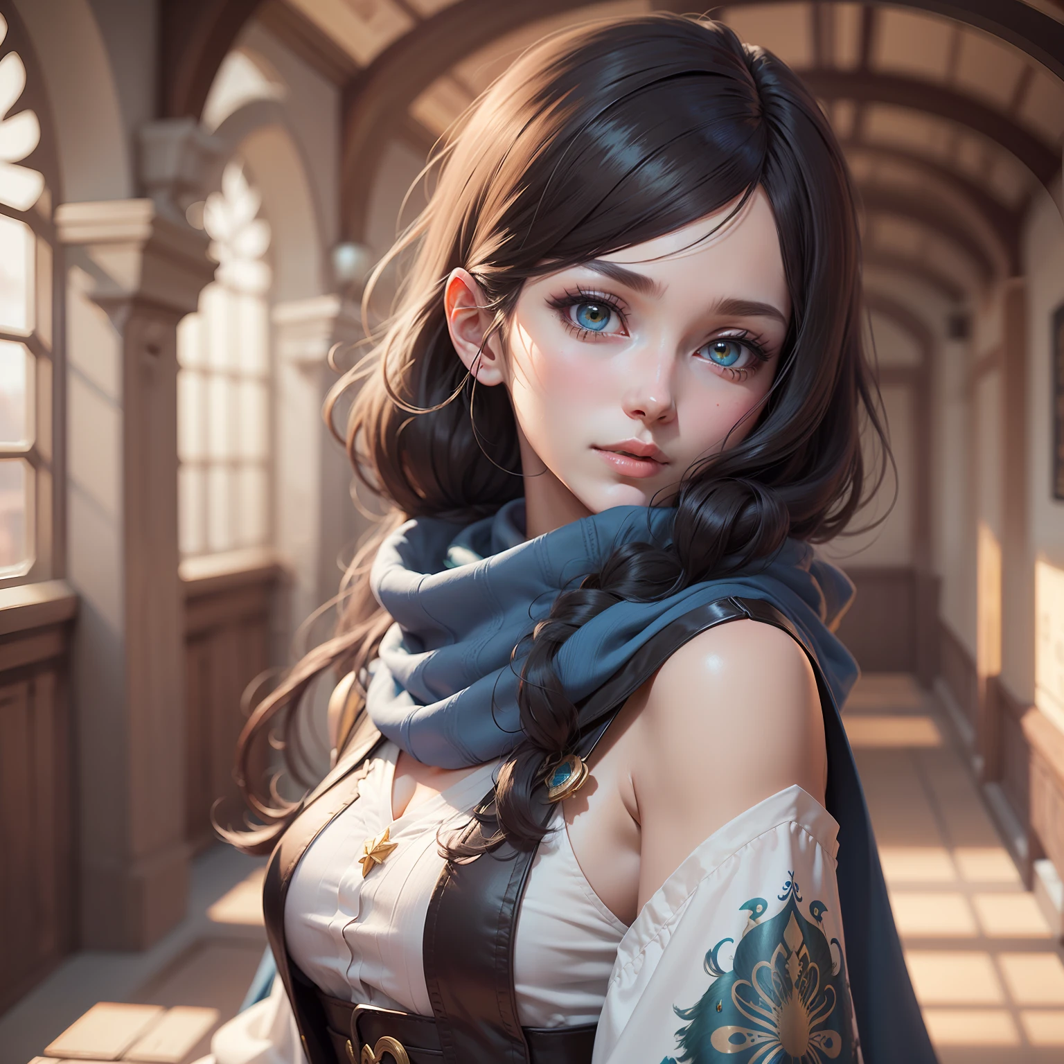 anime character in a school hall with a blue scarf and a blue scarf, from bravely default ii, octopath traveller style, cotton cloud mage robes, black - haired mage, a young female wizard, full character, clothes themed on a peacock mage, close up character, main character, portrait of a female mage, character close up, 8 k character details