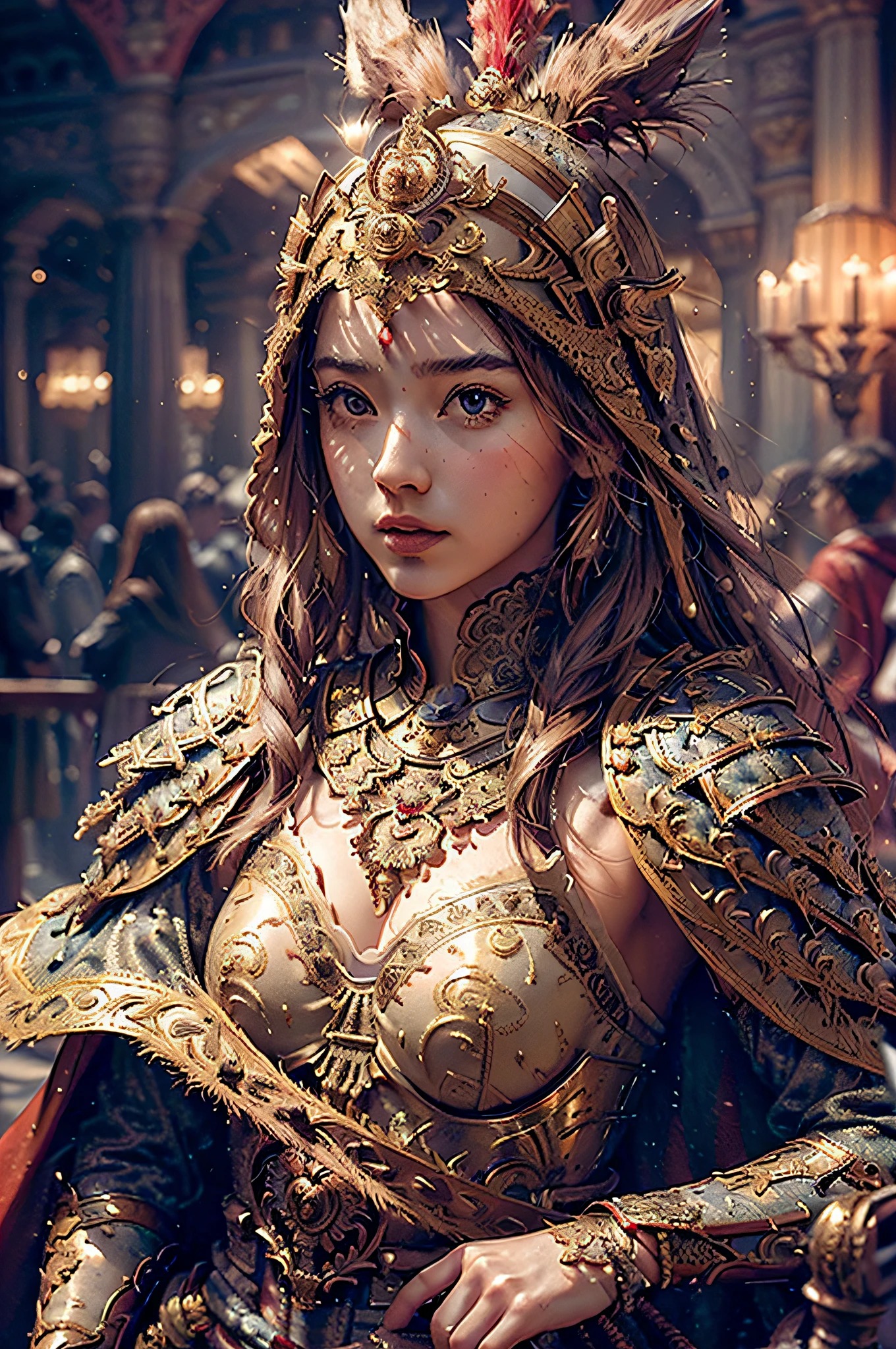 ((masterpiece))), (((best quality))), ((ultra-detailed)), (hyperrealistic), (highly detailed CG illustration), cinematic light, photorealistic ,extremely beautiful young lady, light makeup, big breast, intricate detailed eaba, red cape, spear