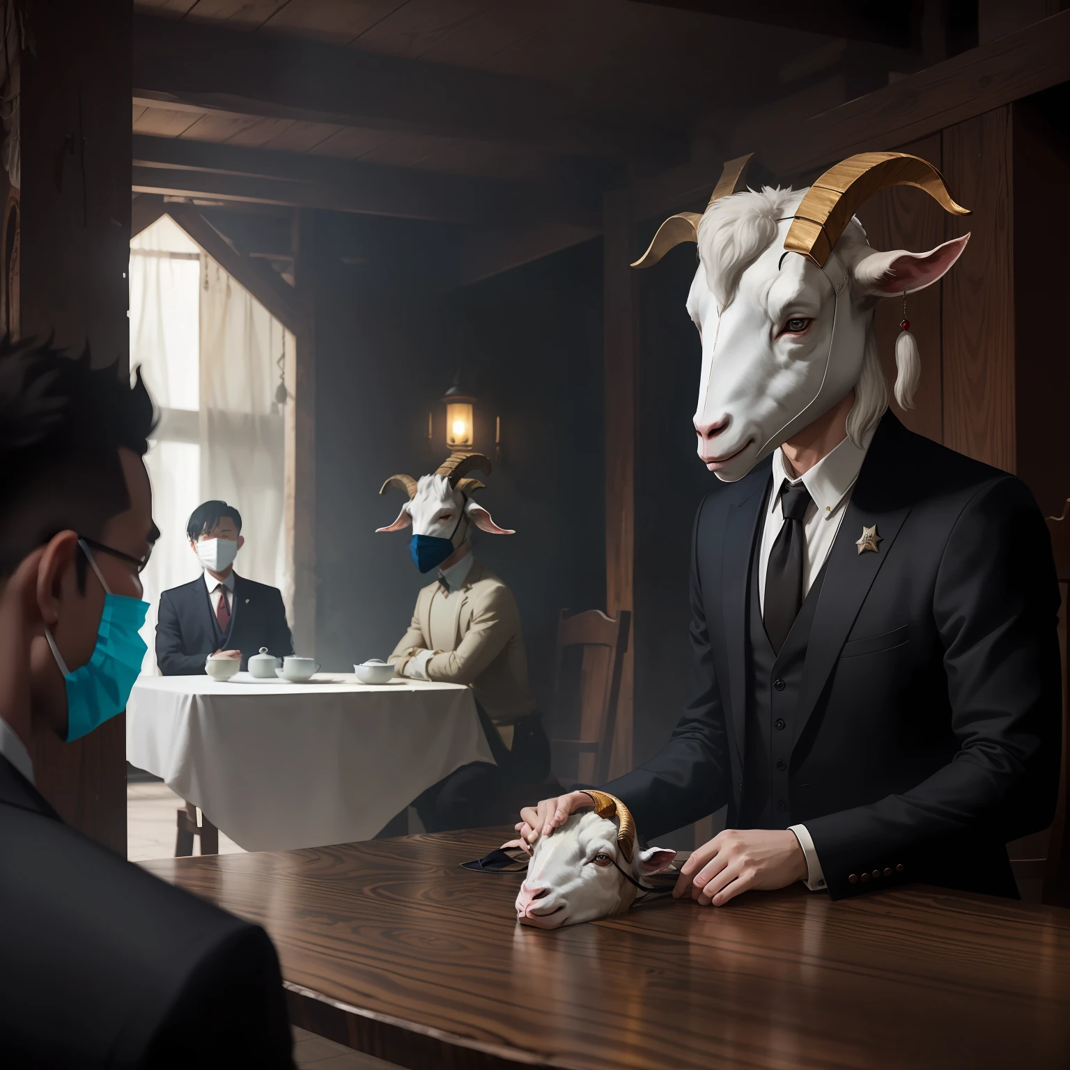 Next to the table，Quietly stands a mask wearing a goat's head、Man in a black suit。
His gaze pierced through the worn-out goat-head mask，Stared at the ten people with interest。 --auto