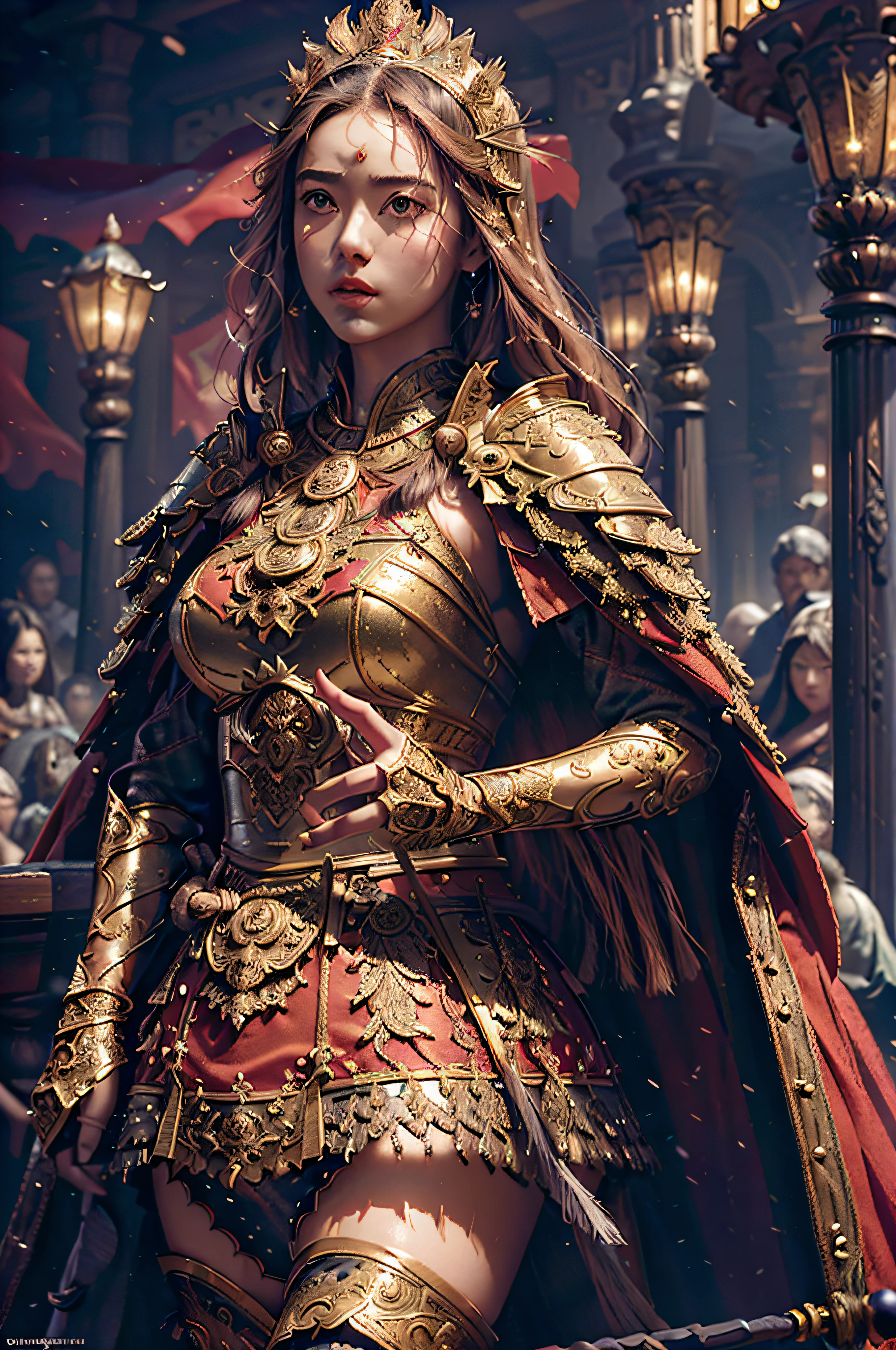 ((masterpiece))), (((best quality))), ((ultra-detailed)), (hyperrealistic), (highly detailed CG illustration), cinematic light, photorealistic ,extremely beautiful young lady, light makeup, big breast,  intricate detailed eaba, red cape, spear