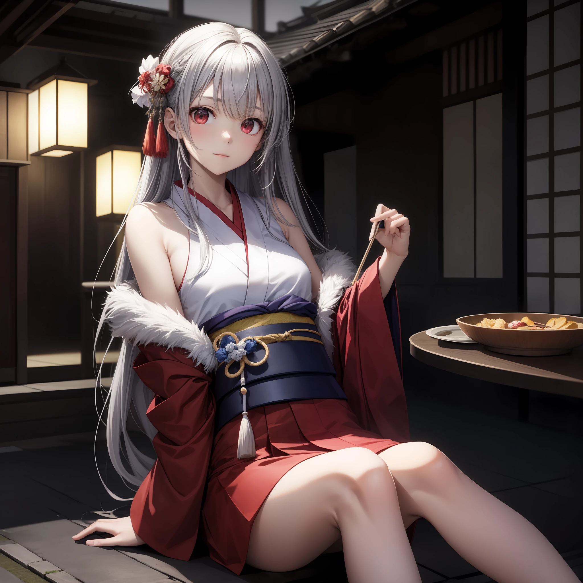 the anime、 1 人、Gray Hair、Red Eyes、Kamimei、Red Face、kyoto、month、kimono ,、off shoulders、Sitting、solo