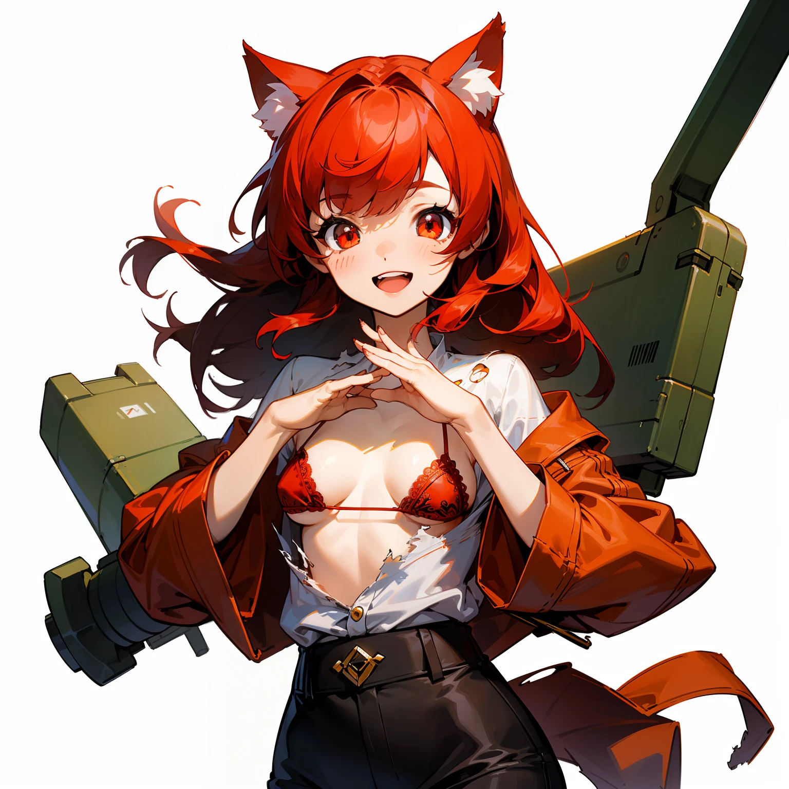 ((master masterpiece))、(((The Highest Quality))、An illustration、One Girl、Hair color、bangs、Hairstyle Fax、eye、Environmental Change Scene、Portrait from the waist up、Pose Jitai、Ladies、Cat Ear、Red hair、Red eyes、slong hair、Extremely small-sized breasts、MICROBIKINI、Slingshot Pants、Underwear with lace decorations、Upright posture、Torn Clothes、White shirt、smilling face、Open mouth、Emphasize the chest with your hands、(simplebackground、white background:1.3)
