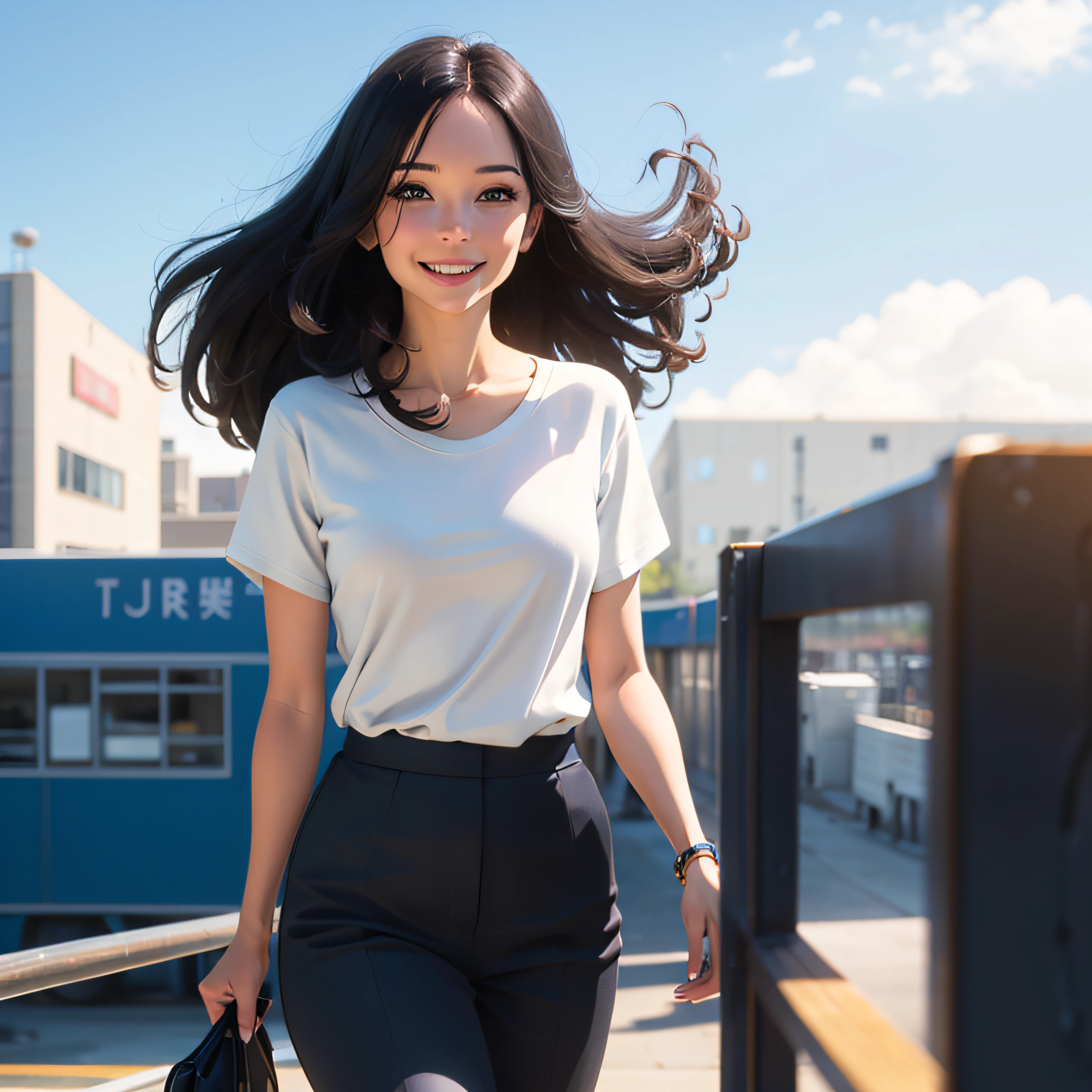 Summer dazzling smile white t-shirt best image quality high resolution refreshing smile refreshing blue sky working person office lady black paper beauty hair fluttering in the wind like a commercial american comic book style --auto
