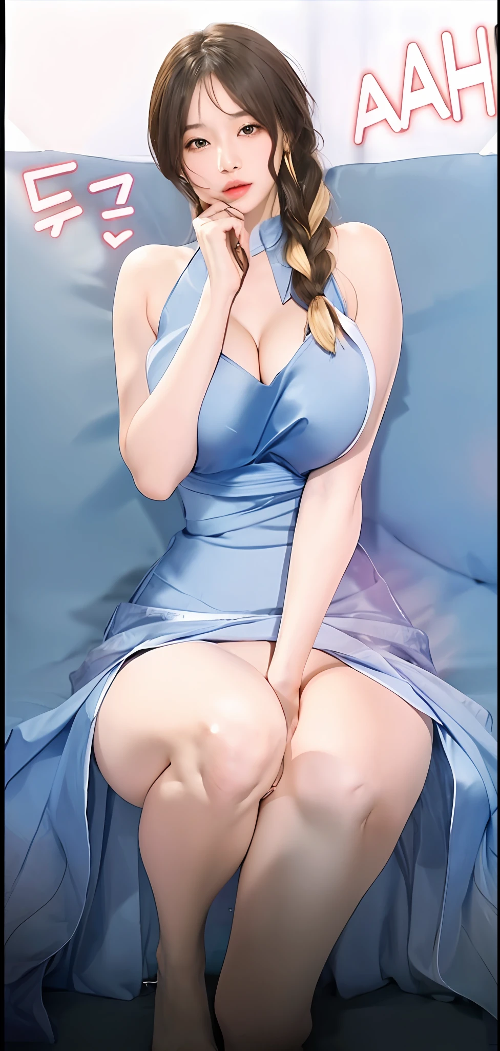 (masterpiece:1.3), (8k, photorealistic, RAW photo, best quality: 1.4), (1girl), beautiful face, (realistic face), a picture of a woman in a blue dress sitting on a bed, seductive girl, beautiful alluring woman, beautiful girl squatting, goddess, woman, attractive girl, beautiful woman, ecchi style, girl,