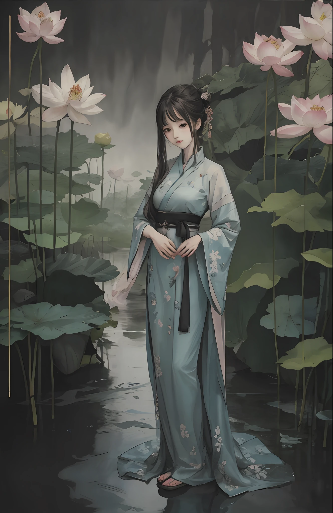 best best quality,master masterpiece，,Shukezouma,negativespace,shuimo bysim,a girl,full body,peaceful,beautiful,expressionless,standing on,chinese traditional ink painting,Looking Viewer,china hanfu,lotus flower in background