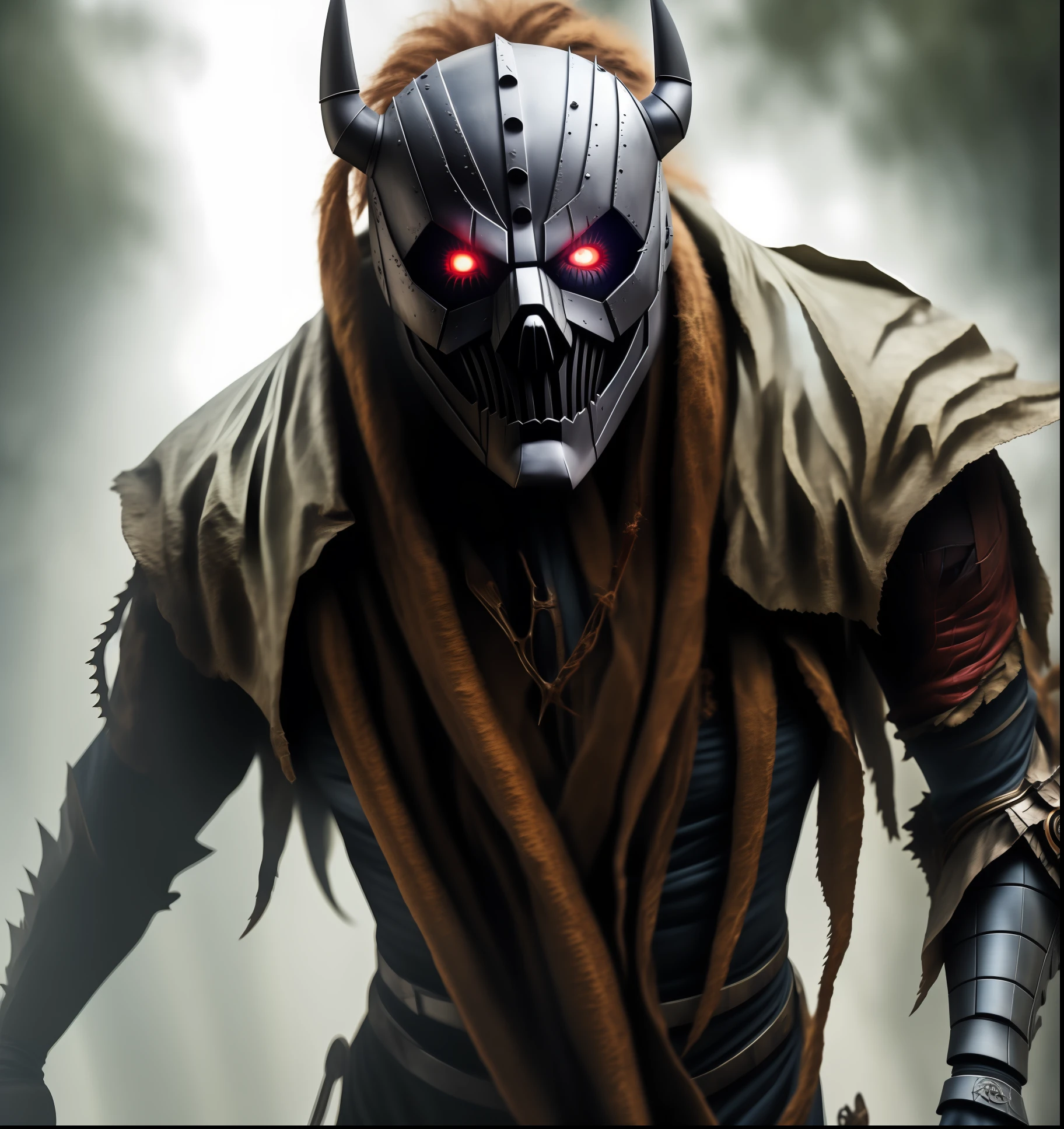 A masked villain, sem olhos, em um ambiente horripilante,com armadura de vidro, local sombrio, realista, kinematic, 8k, luz ambiente, horror, terror. Noite.