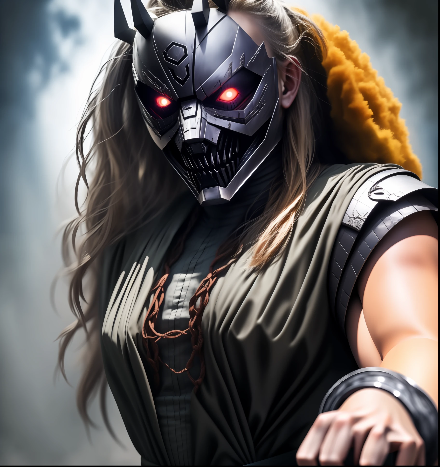 A masked villain, sem olhos, em um ambiente horripilante,com armadura de vidro, local sombrio, realista, kinematic, 8k, luz ambiente, horror, terror. Noite.