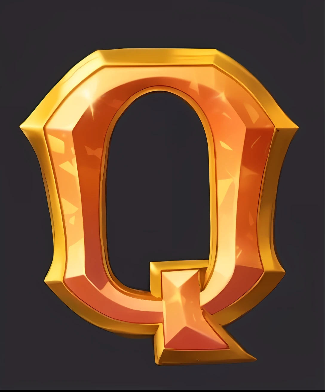 a gold letter q with a red and yellow design, quest marker, qiyana, quixel, quintessa, high quailty, epic quality, quartz, quake, ultra hyper realistic quality, hearthstone style art, queen's collector, quinn, hearthstone inspired, quackery, hearthstone style, diablo 4 queen, q, insane quality, hearthstone art style,Orange diamonds,Metal trim