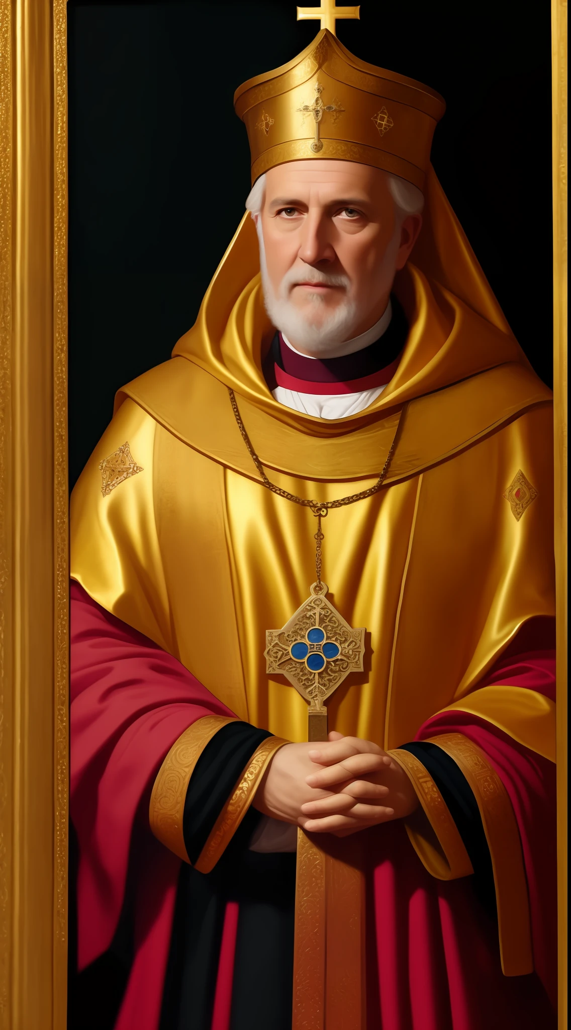 12th-century oil painting of the Bishop of Winchester, in the 12th-century, medieval bishop attire, hands hidden in his robe, big gold necklaces with a big diamond-encrusted cross, dark medieval catholic atmosphere, by greg rutkowski