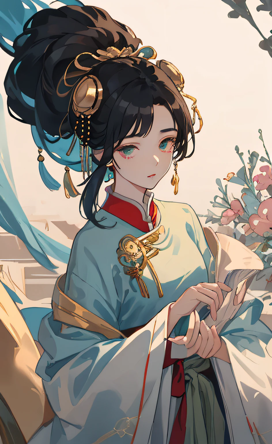 A girl, ancient Chinese costume, whole body, sunshine, clear face, clean white background, masterpiece, super detail, epic composition, ultra HD, high quality, extremely detailed, official art, uniform 8k wallpaper, super detail, 32k