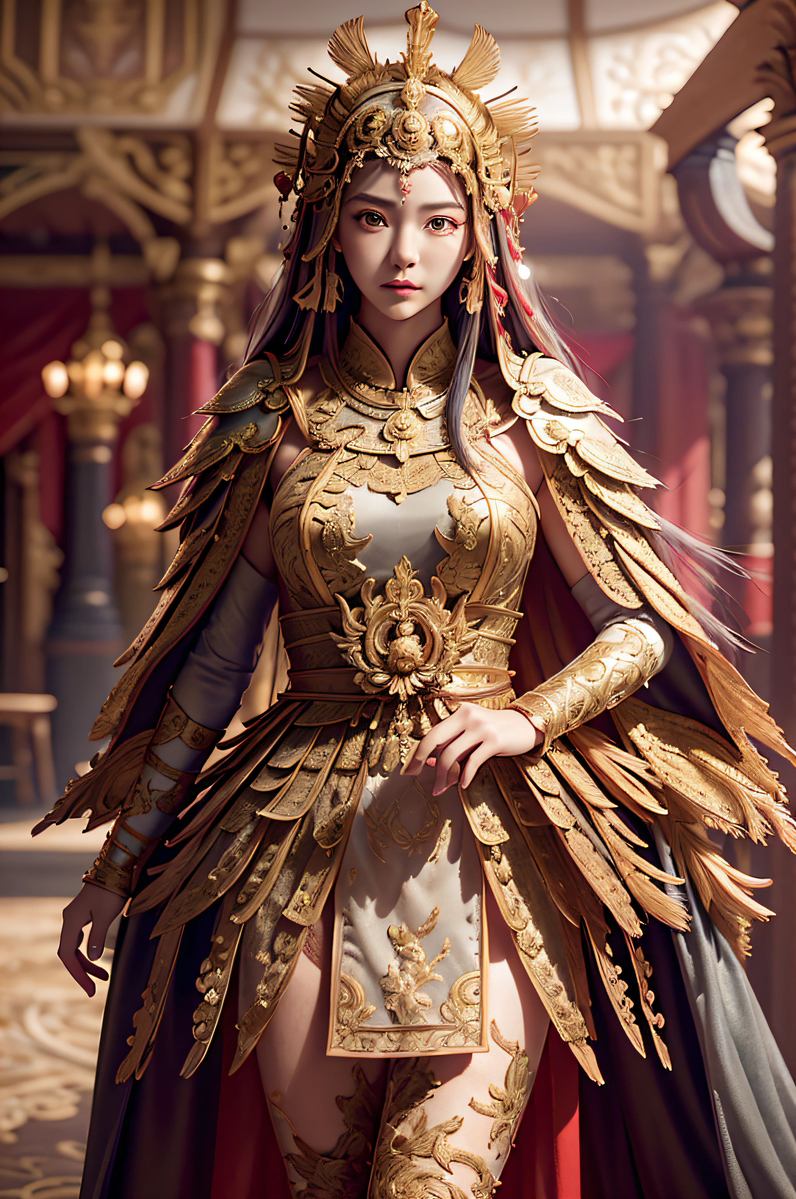 ((masterpiece))), (((best quality))), ((ultra-detailed)), (hyperrealistic), (highly detailed CG illustration), cinematic light, photorealistic ,extremely beautiful young lady, light makeup, big breast,  intricate detailed eaba, red cape, spear