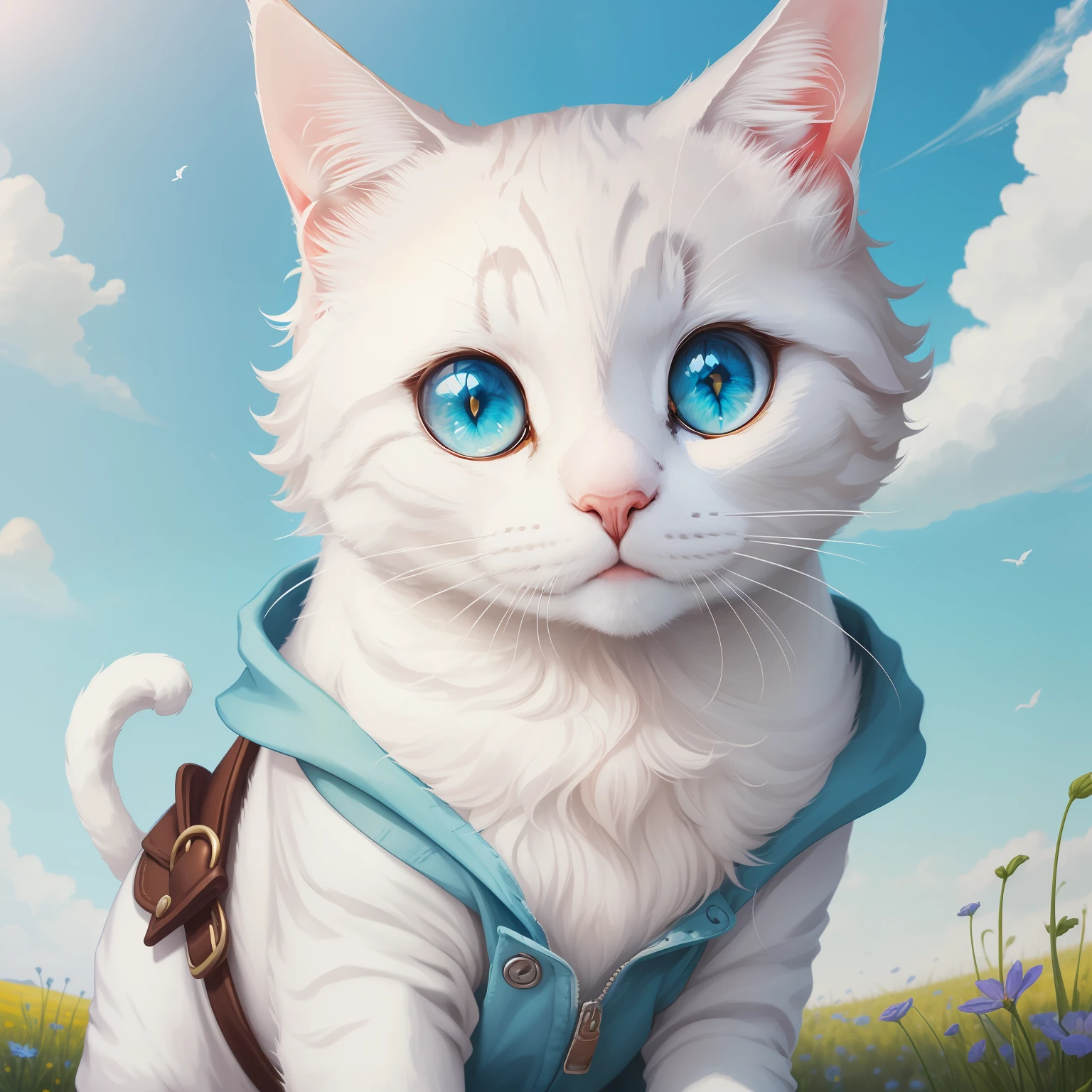 (White Cat、Only the left ear is black、1 anthropomorphic cat),(ウルトラ-詳しい:1.3), (illustration:1.2), (disheveled hair, BEAUTIFUL DETAILED EYES)1.1, (HIGH DEFINITION), (solo、), knee , (manteau de cour:1.2),symmetry position, Front fluffy hair, blond eyes, private style, meadow background, blue Sky、 --auto