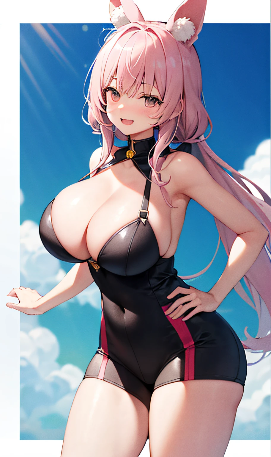 （（master masterpiece、The Highest Quality））、（1人）、pale pink hair、（OL））、bangs、gigantic Boobs、（full breasts）、that are about to fall to zero、slimness、smilling face、【Wide Hips】、Exterior、Standing、a be\（blue archive）、Tanuki ears、cleavage of the breast、