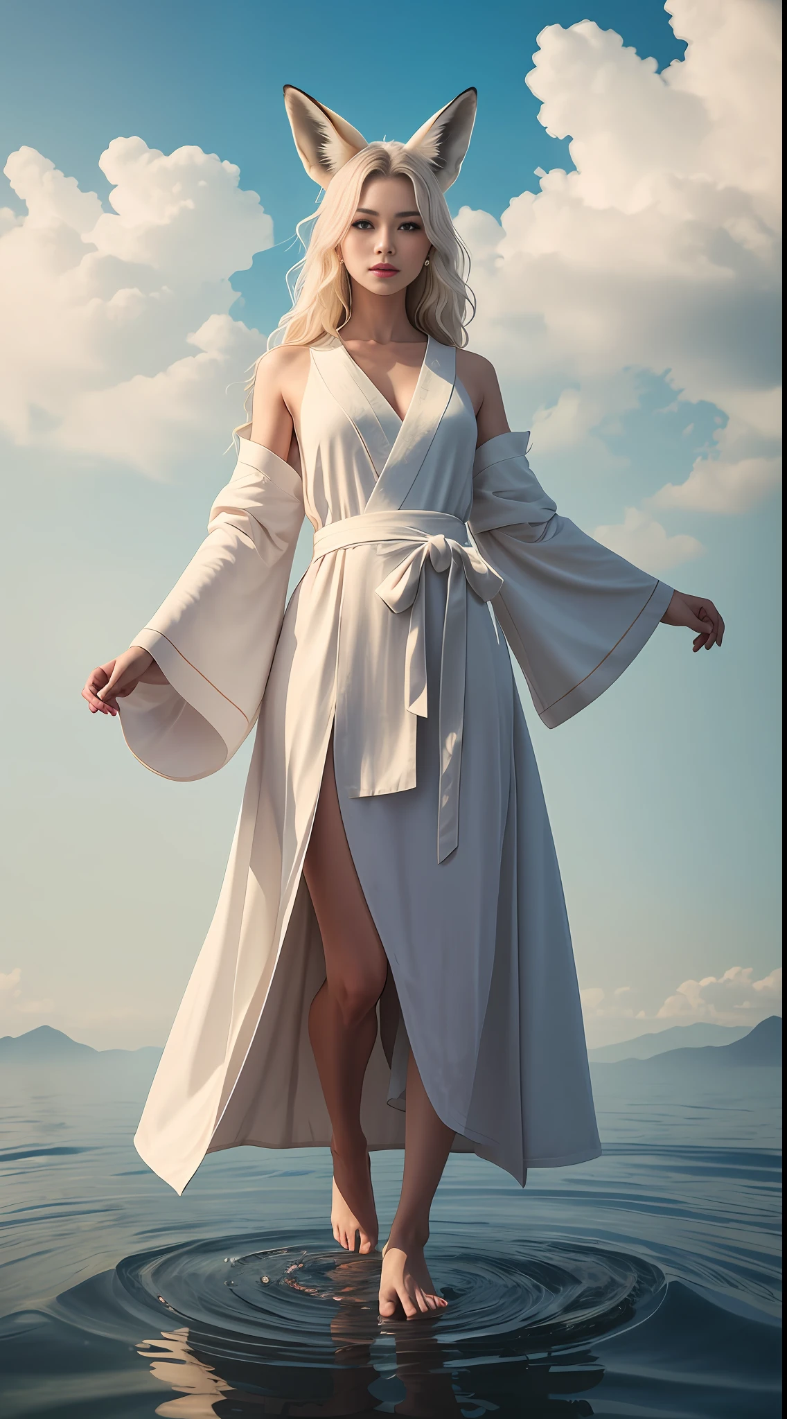 Beautiful and ethereal vixen dressed in flowing white Chinese robes。The image captures a fox spirit standing gracefully on the water,It is surrounded by white clouds and mist,Adds an otherworldly touch to the scene。The fox demon's long white hair and robe were blown up by the wind,It adds movement and fluidity to the picture。Use Midjourney's advanced brush tools to create complex folds and textures on vixen's robes and hair,And experiment with different color palettes and brushstrokes to bring out the ethereal quality of the scene。The image of the vixen is sometimes obscured by the surrounding mist,It also adds to the beauty of the vixen,Make the scene full of mystery and fascination。Leverage Midjourney's powerful tools,You can bring this captivating and ethereal scene to life with incredible detail and beauty。(photorealistic,Masterpiece quality,best best quality),Arms covered by sleeves