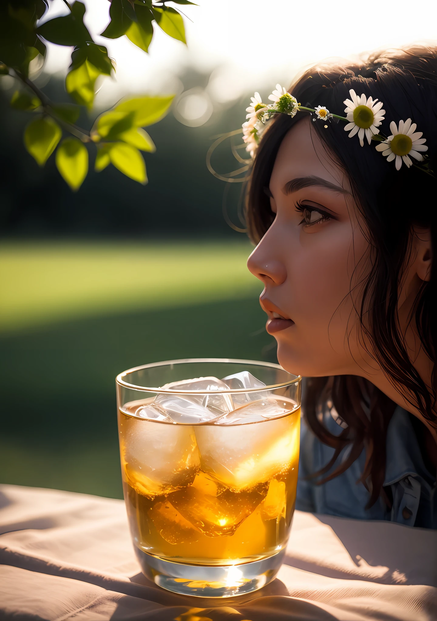 A glass with drops of water filled with carbonated drinks, translucent liquid, ice cubes, bubbles, a floral crown of daisies and lavender on picnic tablecloths, midday outdoor lighting, open air, natural background, summer day, hot weather, high detail, very humid humidity, high brightness, wet watermarks, excessive detail, surrealism, soft light, studio lighting, diffuse soft light, shallow depth of field, sharp focus, bokeke effect, light tracking, subsurface scattering, complex soft light, diffuse soft light, highly detailed glass reflection, ultra-thin (ultra-thin), ultra-thin) (thin, ultra-detailed), cinematic, surrealism, hardware, best quality, ultra-high resolution (photorealistic: 1.4), high resolution, detail, raw photography, clear reproduction, 4 kodak portra 400 stock camera, f1.6 lens, realistic texture, spectacular lighting, not a real engine, popular on artstation, cinemas up to 800,