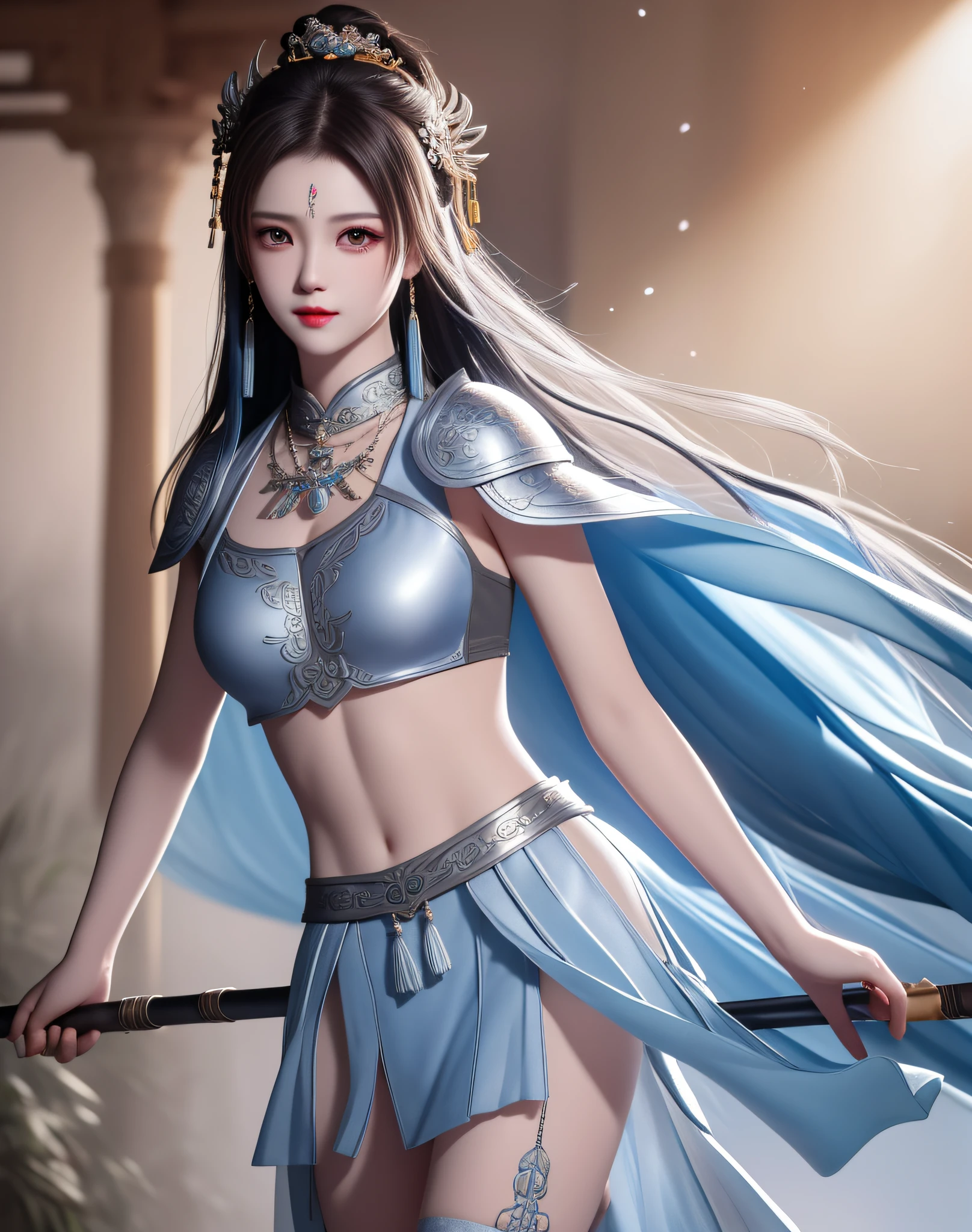 best quality, masterpiece, high resolution, 1girl, ancient chinese battlefield background, metal armor, cape, metal collar, ancient spear, silver spear, hair ornament, necklace, jewelry, beautiful face, upon_body, tyndall effect, realistic, dark studio, edge lighting, duotone lighting, (high detail skin:1.2), 8k ultra hd, dslr camera, soft lighting, high quality, volumetric lighting, candid, photos, high resolution, 4k, 8k, bokeh, Silver-white bikini armor, ancient metal spear, chest embroidery, metal cuirass, skinny, bare arms, weapons, short bracers, stockings, parry