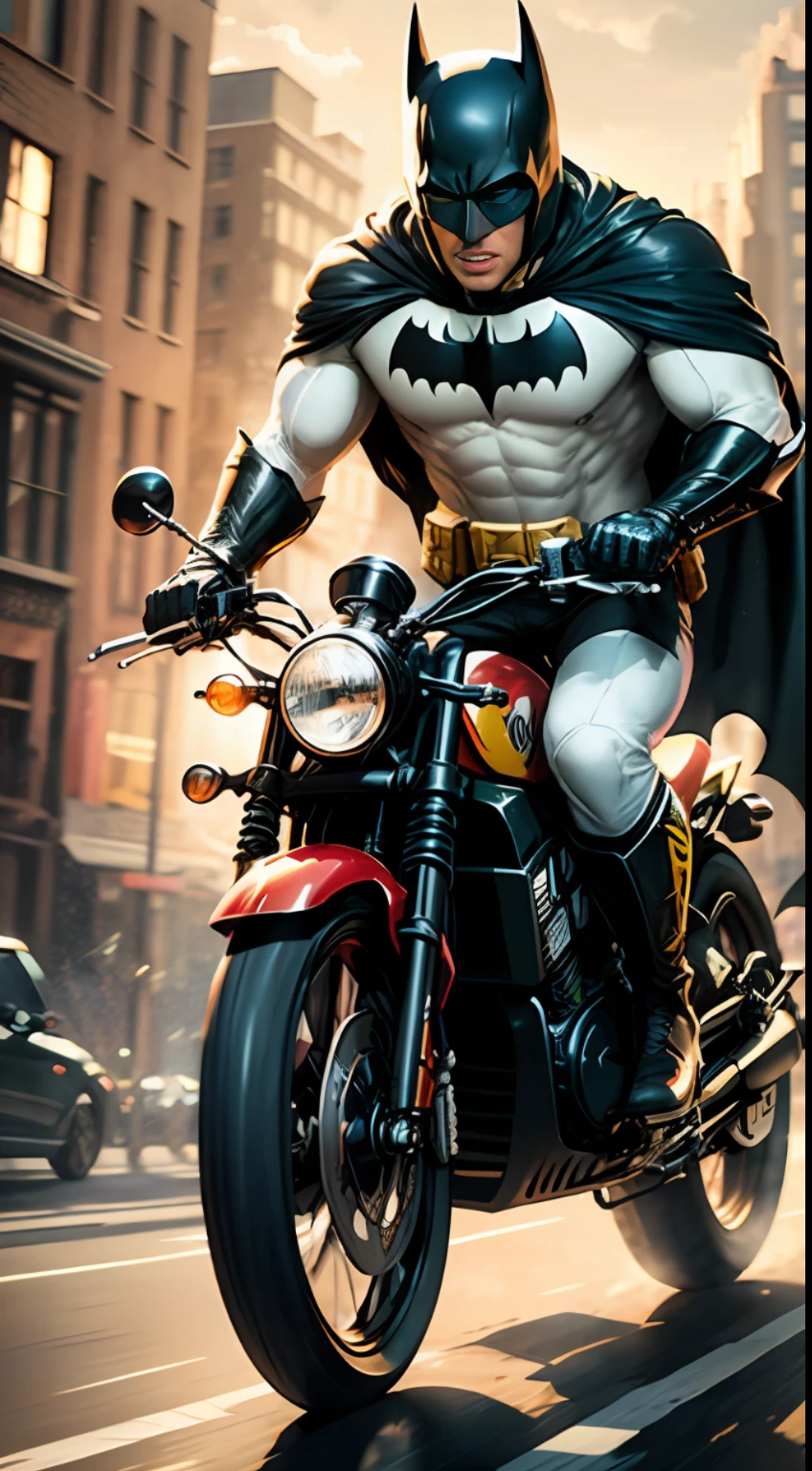 "Best Category - Batman merchandise: Batman in full costume cloak flying in the air standing next to a red and yellow superbike."