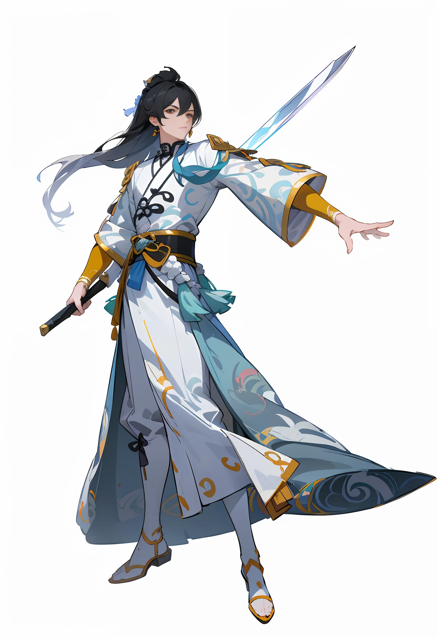 （（FULLBODY）），MasterPiece，best best quality，Painterly，Very delicate and flawless face，Delicate open eyes，Very handsome，（Detailed facial features） ，standing a，looking at the viewers，anime character dressed in a blue and white outfit holding a sword, full body xianxia, zhao yun, official character art, cultivating immortals， Bangs three or seven points，black color hair，Chinese wind，ancient wind，Shusen game standing painting，Game standing drawing