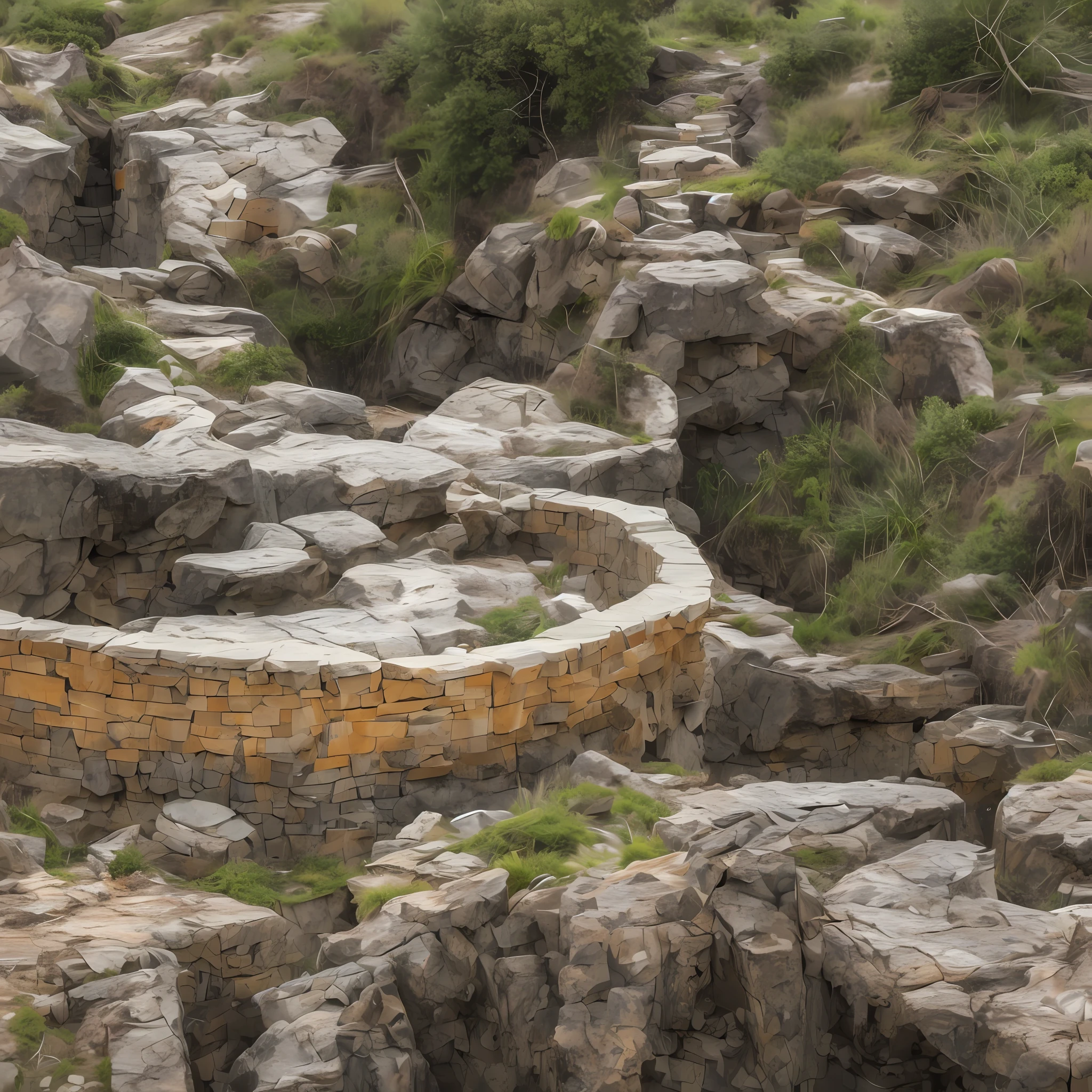 Computer visualized graphics, realistic fentezi, Extensive landscape ultra photography (general view, on which you can see the stone steps descending to a small stone platform, Broken wooden railings, At the bottom is a stone bowl), blurred background, grim, yellow, orange, purple background, pink, warm, magic,    “Hyper-realistic textures,” “Precise details,” “Realistic still life,” “Realistic portraits,” “Realistic landscapes.” --auto --s2