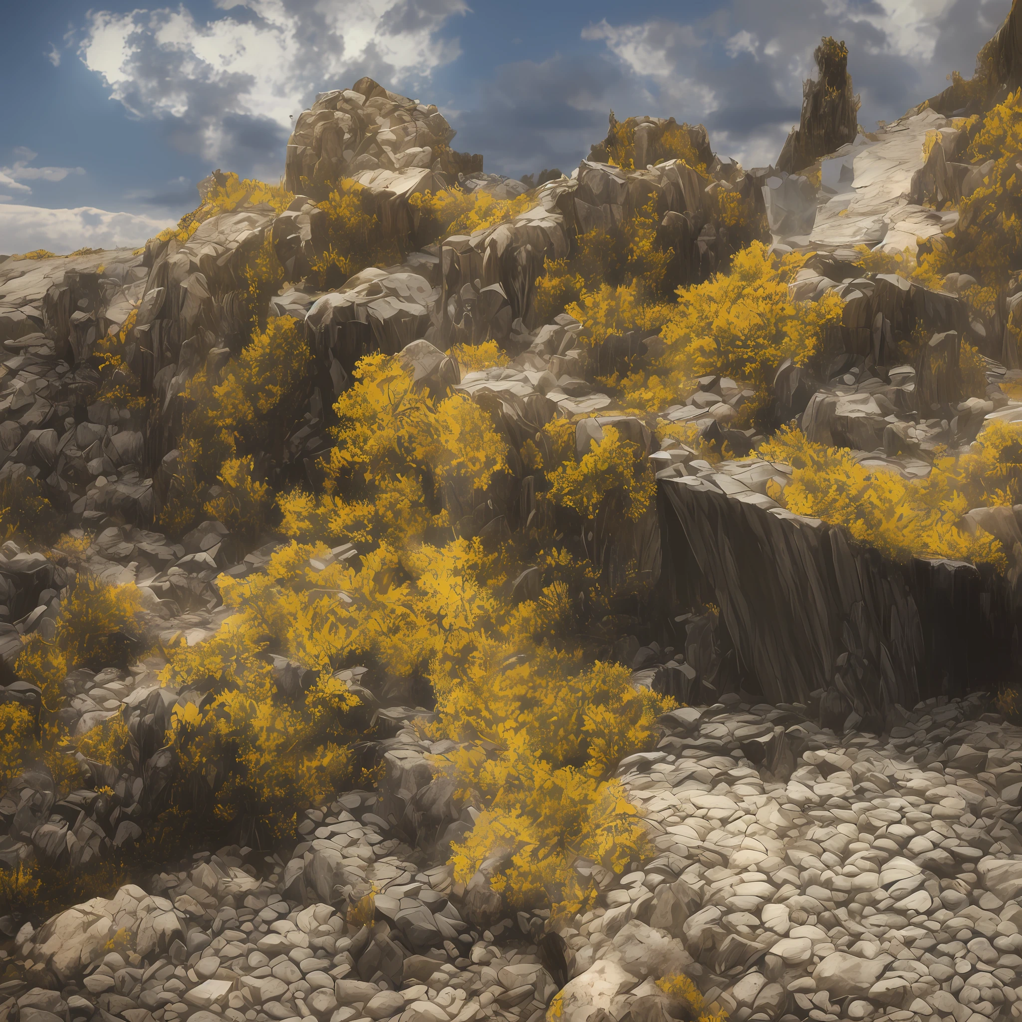 Computer visualized graphics, realistic fentezi, Extensive landscape ultra photography (general view, on which you can see the stone steps descending to a small stone platform, Broken wooden railings, At the bottom is a stone bowl), blurred background, grim, yellow, orange, purple background, pink, warm, magic, “Hyper-realistic textures,” “Precise details,” “Realistic still life,” “Realistic portraits,” “Realistic landscapes.” --auto --s2