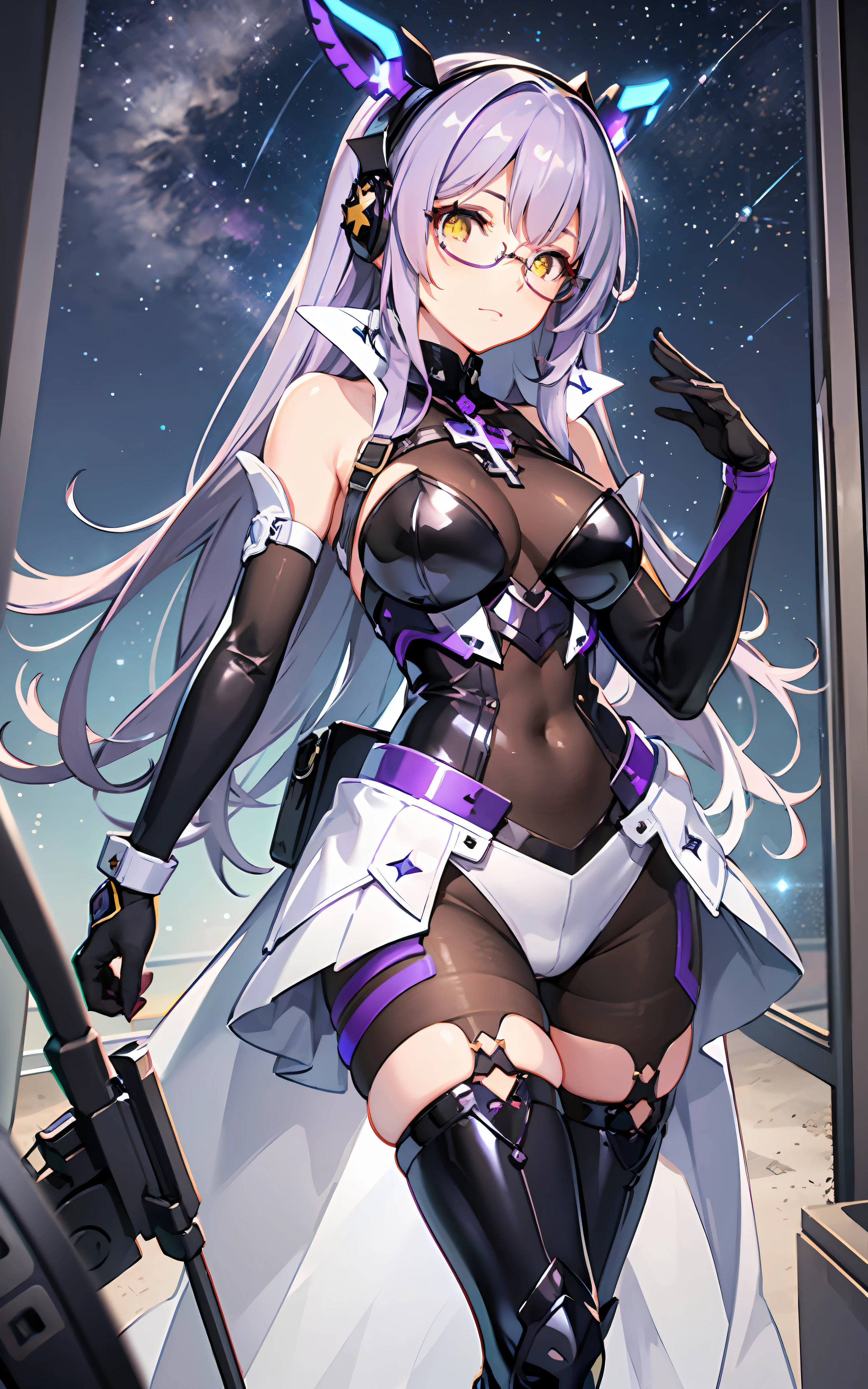 complex anime 3d render ultra detailed, (((masterpiece))), (((best quality))), ((ultra-detailed)),(3D Cartoon rendering),(from side),cinematic light,((single mechanical girl)),({best quality}),(Ultra Fine),(full detail),delicate youthful face,well_developed curves,hourglass_figure,perspective,beautiful_face,high_quality_outfits,futuristic_outfits,silght_blush,full_body,full detail face,protective outfits,Honkai_Impact,scientist,anatomical,Ray Trace;

(purple hair:1.5),indigo hair tips,two strand of deev violet hair framing face,violet ahoge, (long flowy hair sorted into two parts on back),(one long cross-shaped white mechanial headdress,pointing upwards),one long white mechanic triangle tipped head oranment;(exquisite gem-like yellow eyes:1.6,white cross pupil),yellow goggle eyeglasses,golden six-tipped star necklace

Futuristic dress outfit,armored combat suit,exquisite gadgets,elegant and modest outfits,black fur collar,black long slender sleeves,black arm bracers,white bracelets,black gloves,white tanktop with violet lines,black armored corset,violet zipper,violet traces,v-shaped metalic waistband with four gadget holsters,violet waistband,(white scifi armor skirts,knee-length segmented hems),(black armor tassets),violet knee-length dress,(black and violet pantyhose),golden gartener belt around left leg,silver waistband with gadget holsters,knee bracers;silver mechanic boots,heeled boots; White mechanic backpack on back;

calm expression,vigilat gaze,stretching hands,standing,looking forwards

white mechanic room with toolstands,standing in a spaceship,starry sky visble through window in background, (starry sky:1.2),dreamy, [[delicate fingers and hands:0.55]::0.85],(detail fingers)