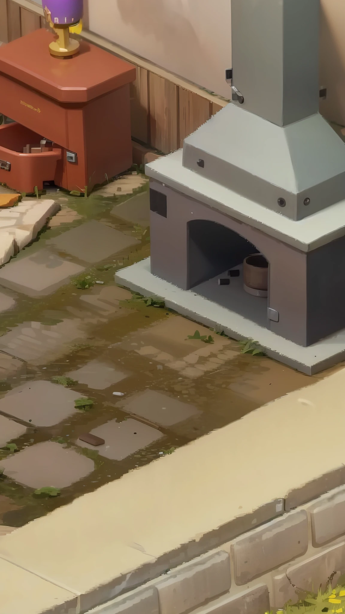 There is a small oven on the ground，Next to it is a suitcase, ingame image, fake hidden detail, random detail, town background, epic level of detail, unreal detail, game screenshot, hyper detailed scene, extremely high level of detail, epic detail, in-game, in - game, game screenshot