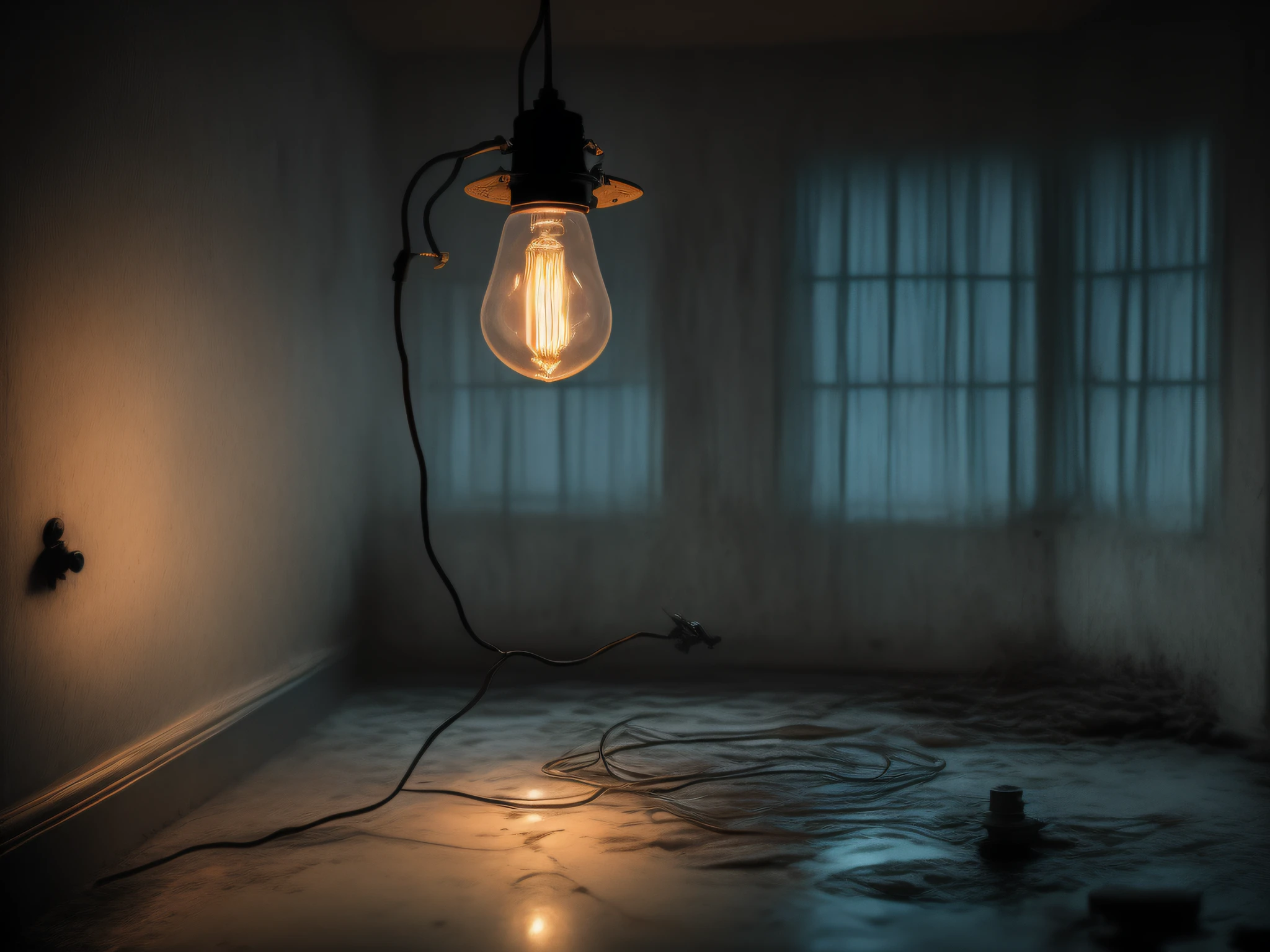 An old tungsten lamp is suspended by black wires in the center of the room，Flashing dim light。
The quiet atmosphere is like ink dripping into water，It is spreading in the room。（Horror suspense）