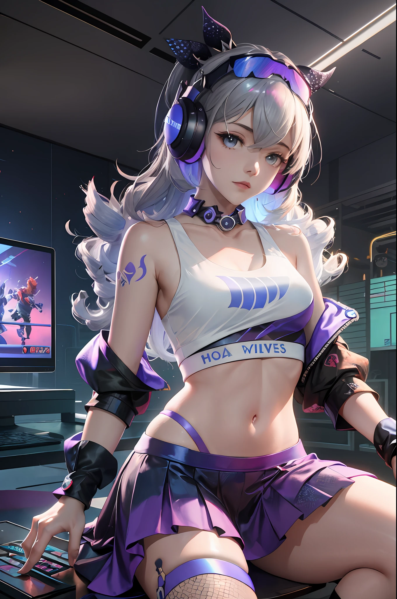 （（（（7分身镜头）））），Silver wolf，MasterPiece，best best quality，ultra Detailed，极其详细的16k CG壁纸，beatiful face，（Silver wolves in an esports room），（Perfect beautiful curvy figure），sitting，Rainbow colored gemstone eyes，Wearing a resin holographic sports bra，A crop top drapes，Mini pleated skirt，Bell collar，logo for a，Impotence，contour light，concert，，neon lighting，audio，Bell collar，eSports headphones，computer，E-sports room，playing games，White interior through red skin，holographic projections，Flat sphere，Graffiti logo，Highly detailed tattoos_， Authoring information